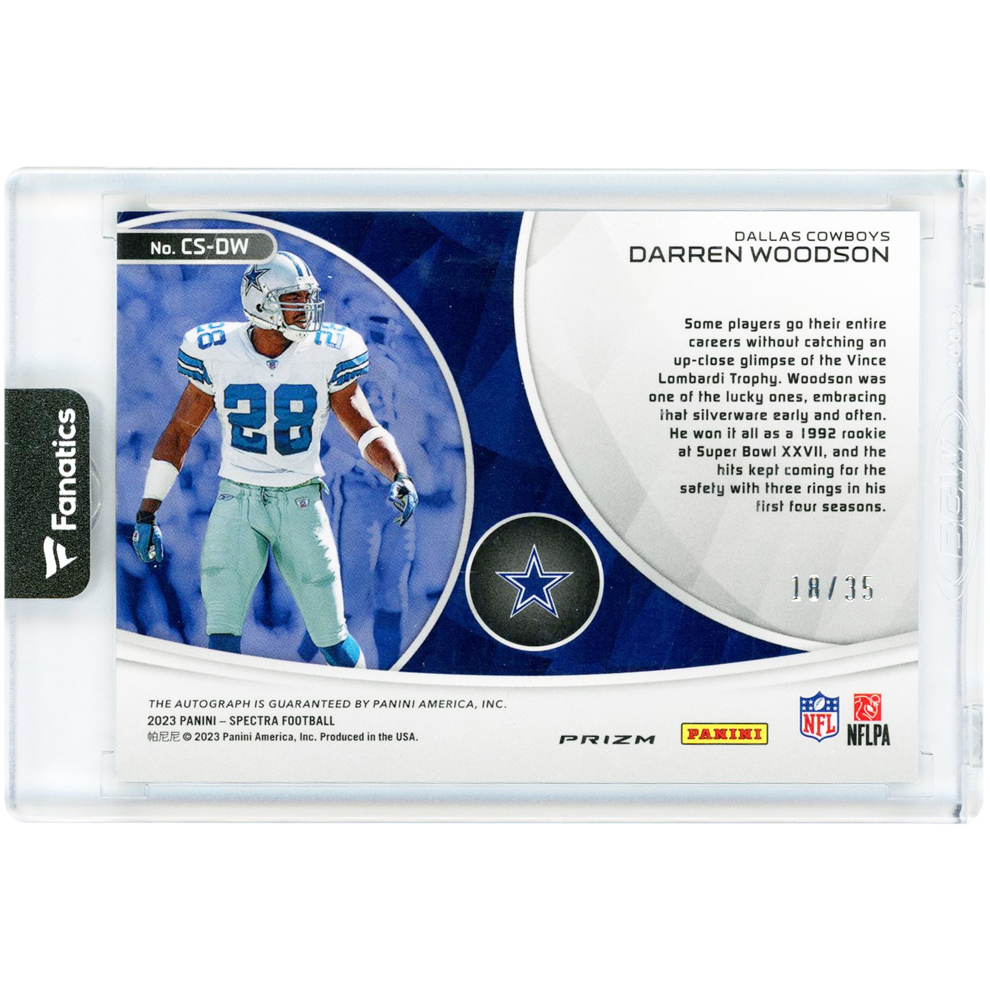 Darren Woodson Dallas Cowboys Autographed 2023 Panini Spectra Championship Signatures Spectris #CS-DW #18/35 Card