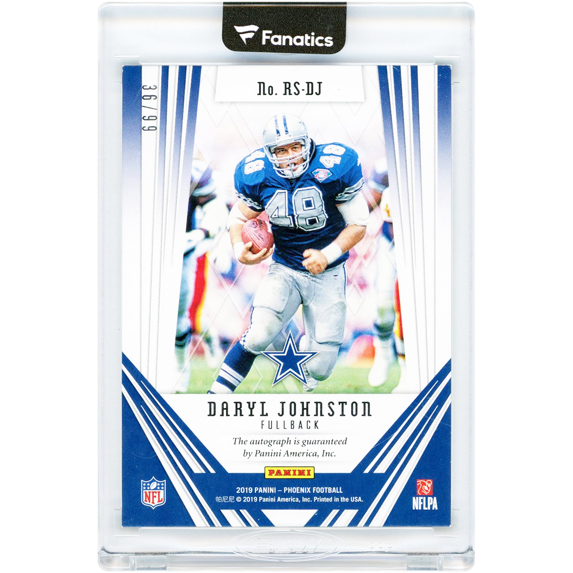 Carte autographiée Daryl Johnston des Dallas Cowboys, Panini Phoenix Retired Signatures 2019, n° RS-DJ, n° 36/99
