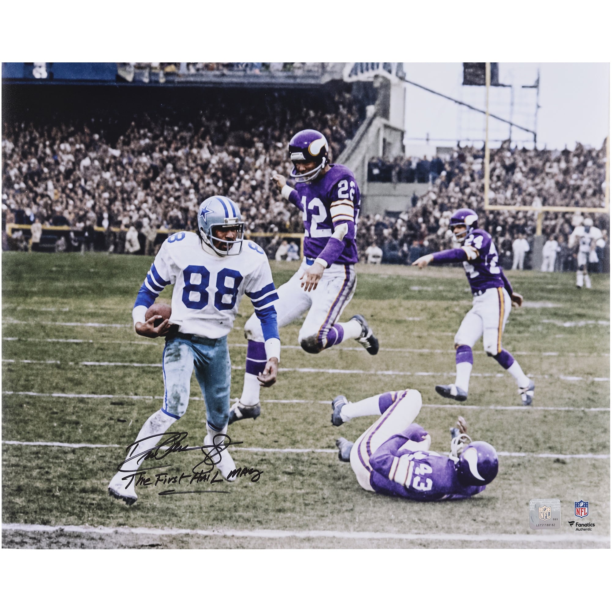 Photo autographiée par Drew Pearson, joueur des Dallas Cowboys, format 40 x 50 cm, 1975, match de division NFC contre les Minnesota Vikings, avec l'inscription « Le premier Hail Mary ».