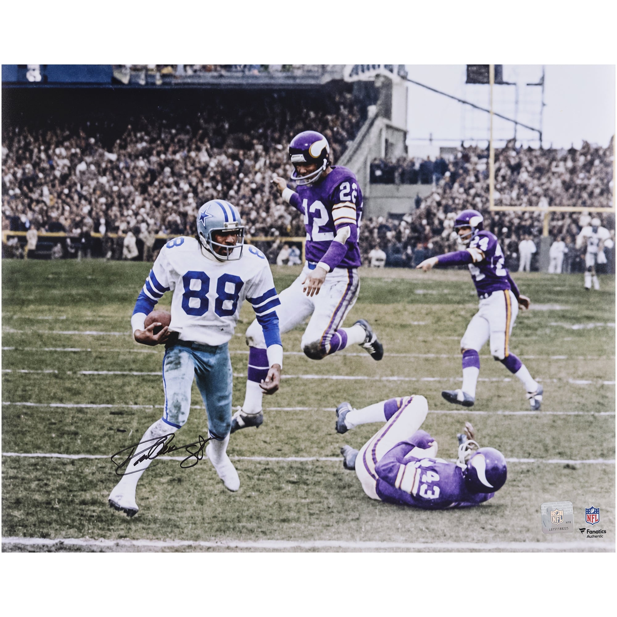 Photo autographiée de Drew Pearson, joueur des Dallas Cowboys, 40 x 50 cm, 1975, match de division NFC, Hail Mary contre les Minnesota Vikings.
