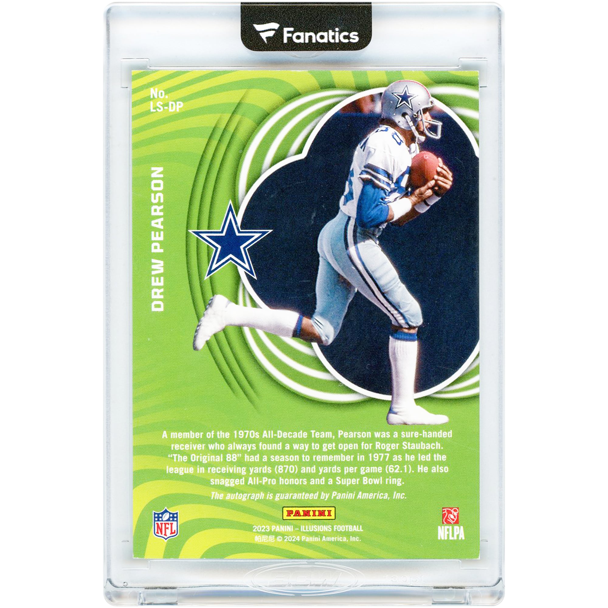 Carte autographiée Drew Pearson (Dallas Cowboys) 2023 Panini Illusions Limelight Signatures #LS-DP #39/50
