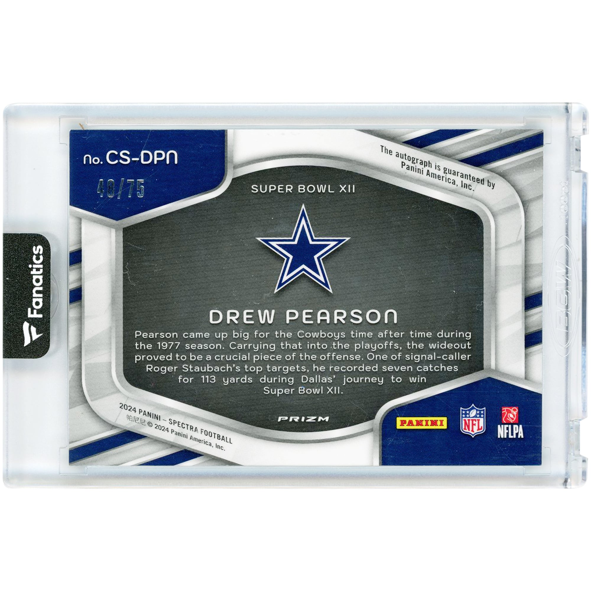 Drew Pearson Dallas Cowboys Autographed 2024 Panini Spectra Championship Signatures #CS-DPN #48/75 Card