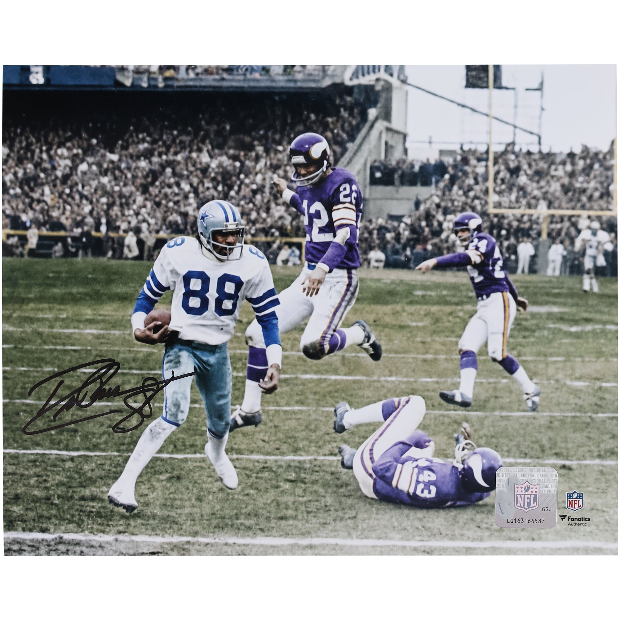 Photo dédicacée par Drew Pearson, joueur des Dallas Cowboys, format 20 x 25 cm, 1975, match de division NFC, Hail Mary contre les Minnesota Vikings.