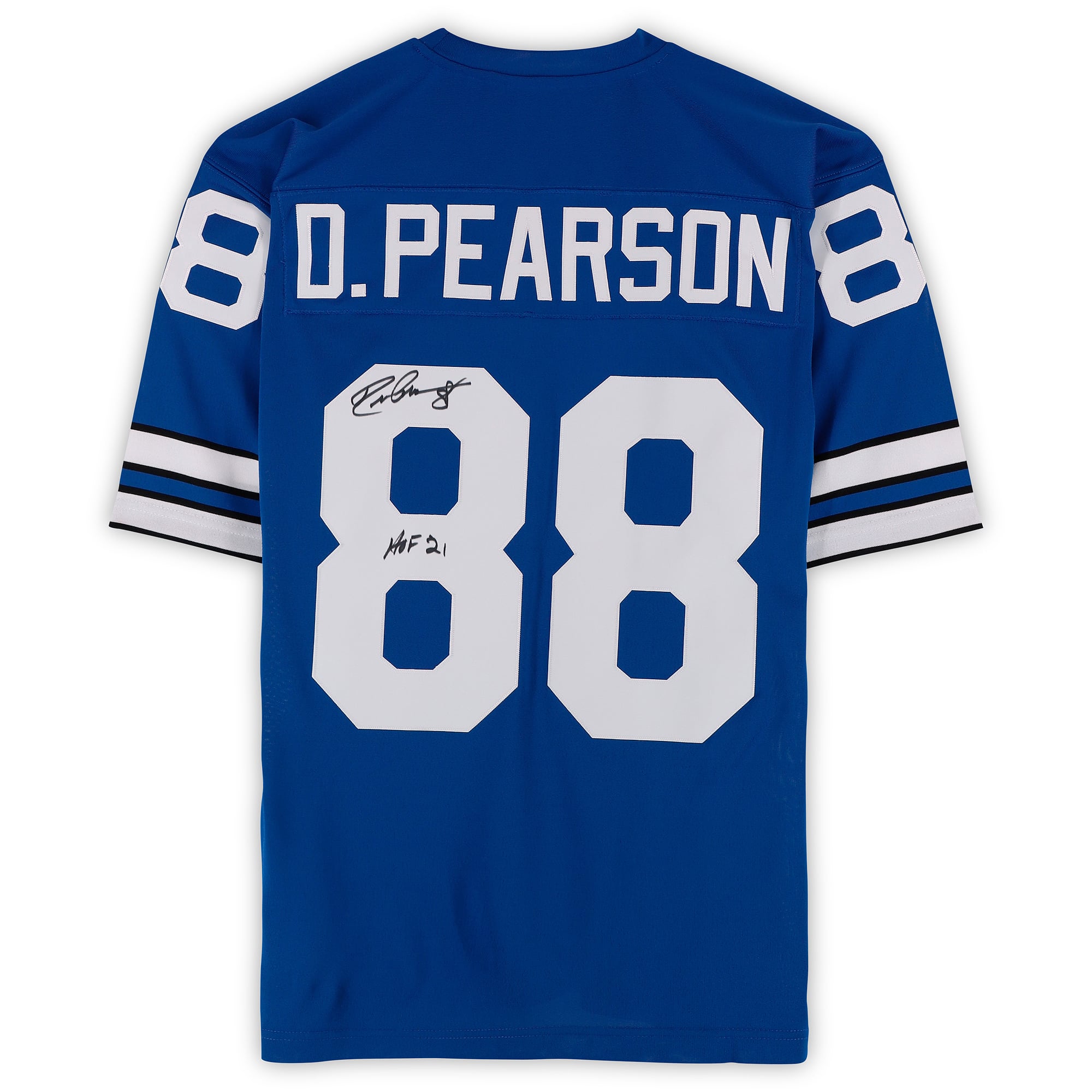 Maillot authentique Royal Mitchell & Ness 1977 autographié par Drew Pearson des Dallas Cowboys, avec inscription « HOF 21 ».