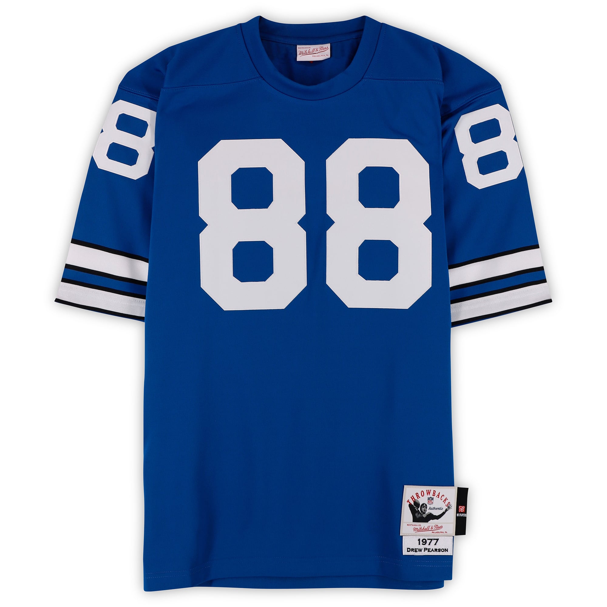 Maillot authentique Royal Mitchell & Ness 1977 autographié par Drew Pearson des Dallas Cowboys, avec inscription « HOF 21 ».
