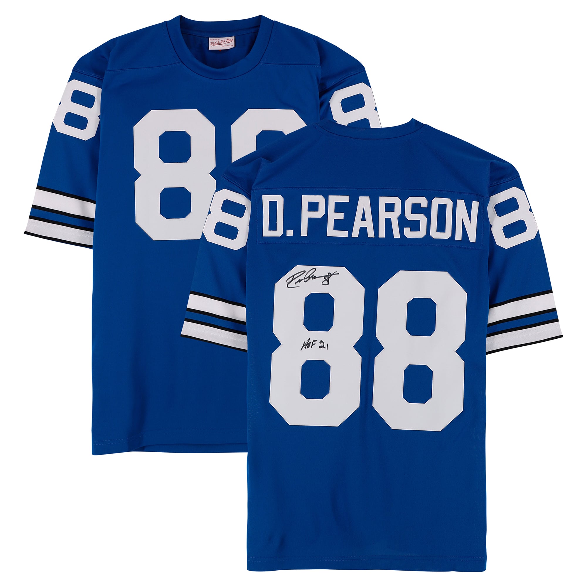 Maillot authentique Royal Mitchell & Ness 1977 autographié par Drew Pearson des Dallas Cowboys, avec inscription « HOF 21 ».