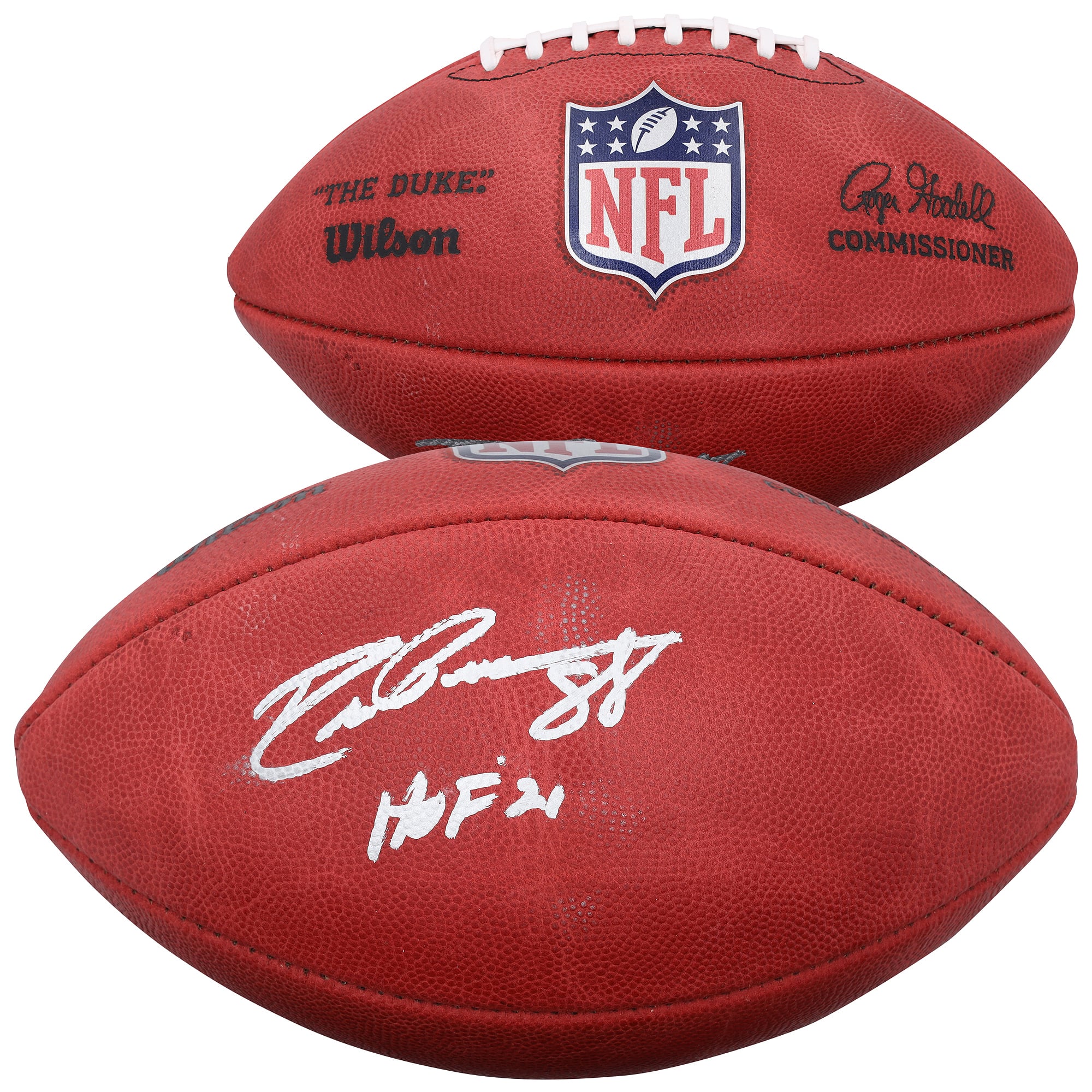 Ballon de football Wilson Duke en couleur, autographié par Drew Pearson des Dallas Cowboys, avec inscription « HOF 21 ».
