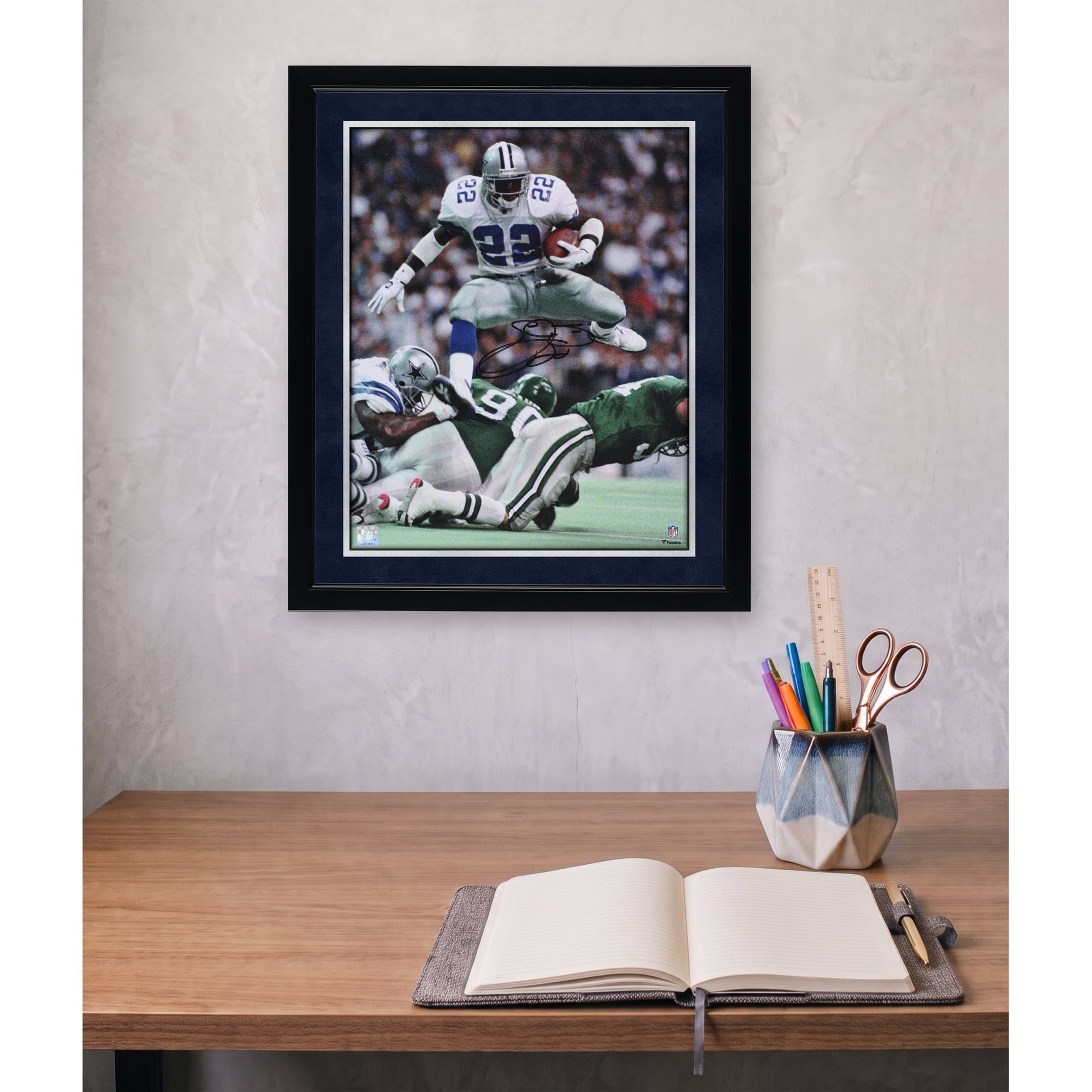 Emmitt Smith Dallas Cowboys Autographed 16" x 20" Hurdle vs. Philadelphia Eagles Photograph
