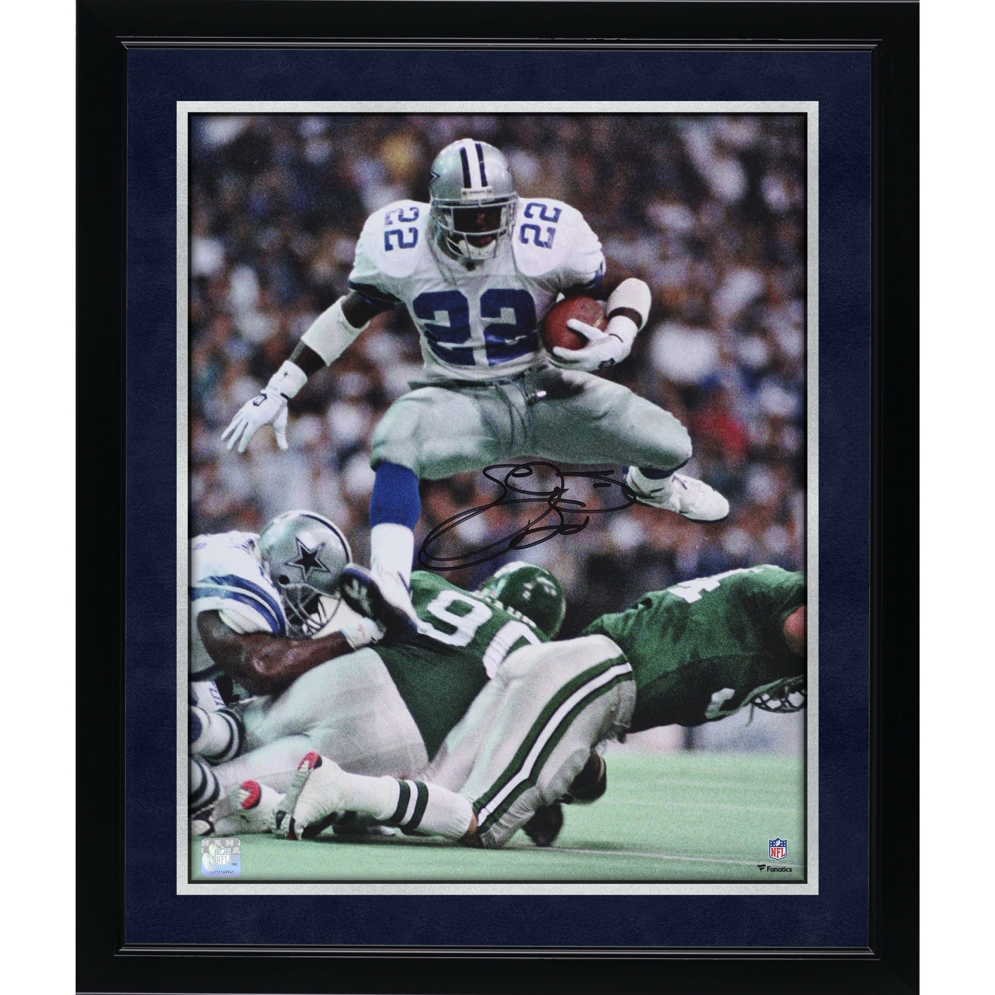 Emmitt Smith Dallas Cowboys Autographed 16" x 20" Hurdle vs. Philadelphia Eagles Photograph