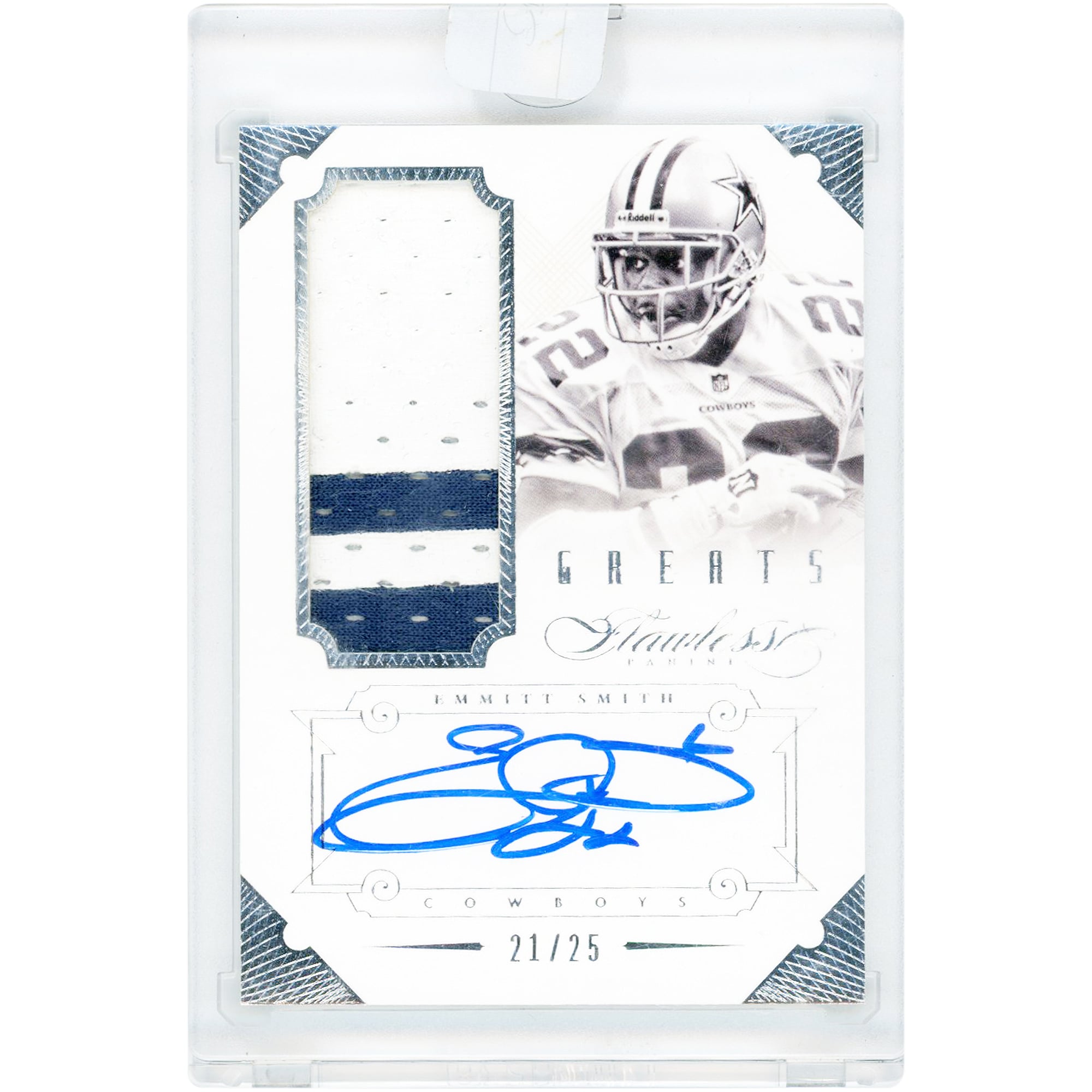 Carte autographiée Emmitt Smith des Dallas Cowboys, collection Panini Flawless Greats 2014, maillot bicolore porté en match, relique n° 15, n° 21/25