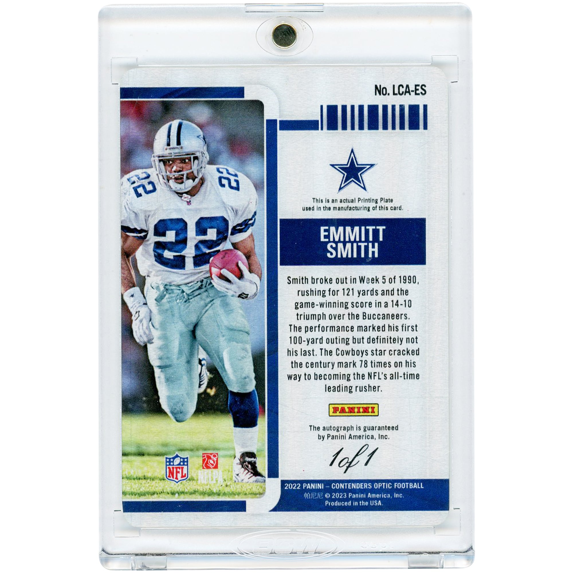Carte autographiée Emmitt Smith (Dallas Cowboys) 2022 Panini Contenders Optic Legendary Black Printing Plate #LCA-ES #1/1