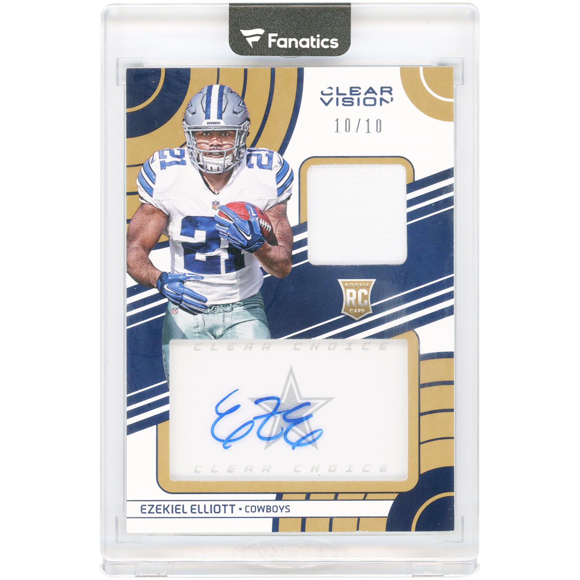 Carte de recrue Ezekiel Elliott des Dallas Cowboys, autographiée, Panini Clear Vision Clear Choice Jersey Relic Prime Gold 2016, n° 8, n° 10/10