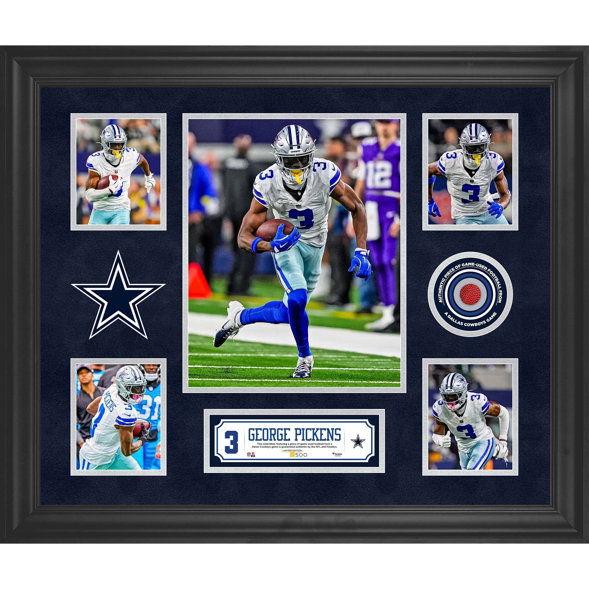 Collage encadré de 5 photos de George Pickens (Dallas Cowboys) 20" x 24" avec un morceau de ballon de football utilisé lors d'un match - Édition limitée à 500 exemplaires