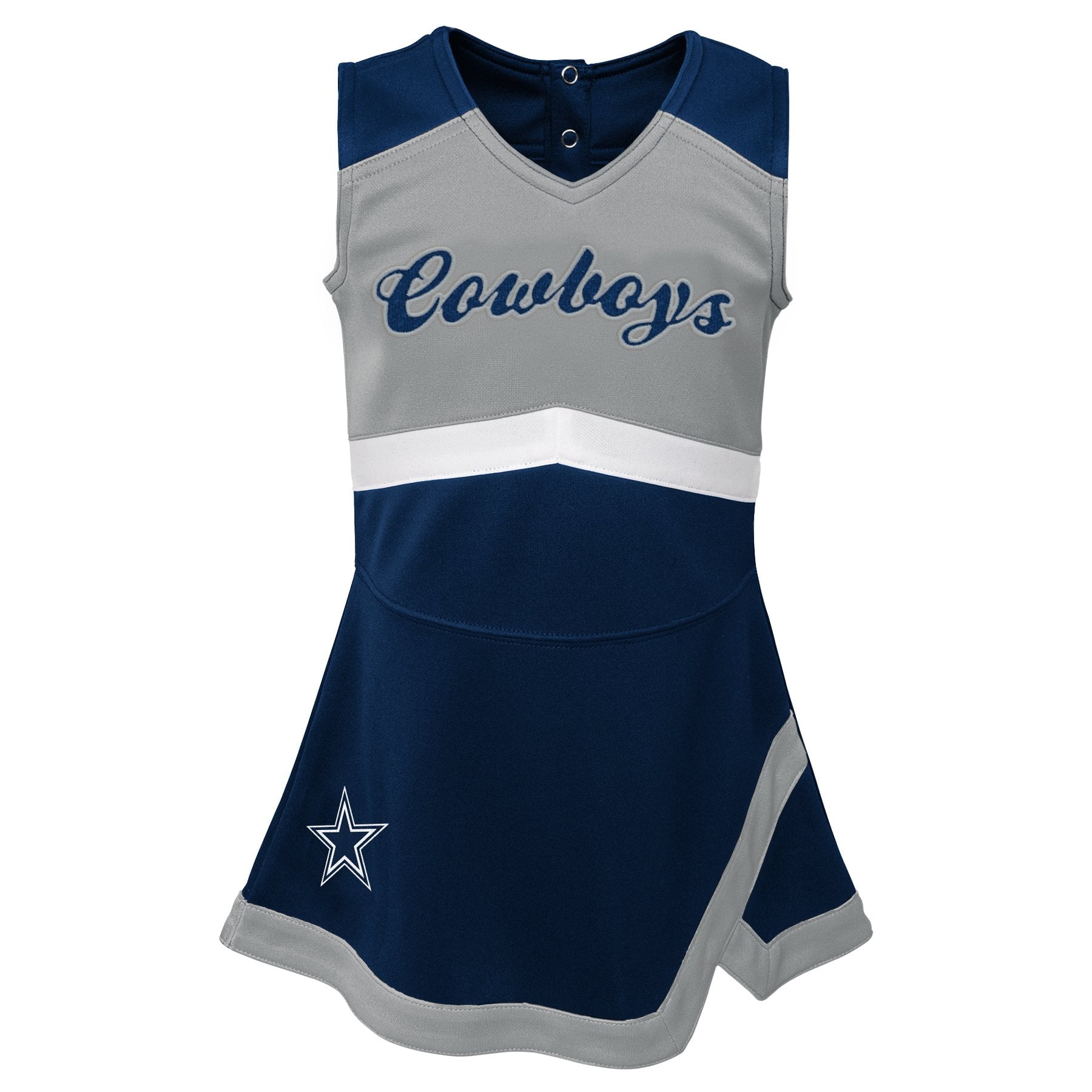 Ensemble deux pièces bleu marine Dallas Cowboys pour filles d'âge préscolaire : robe-salopette et bloomer assortis, style capitaine de cheerleading.
