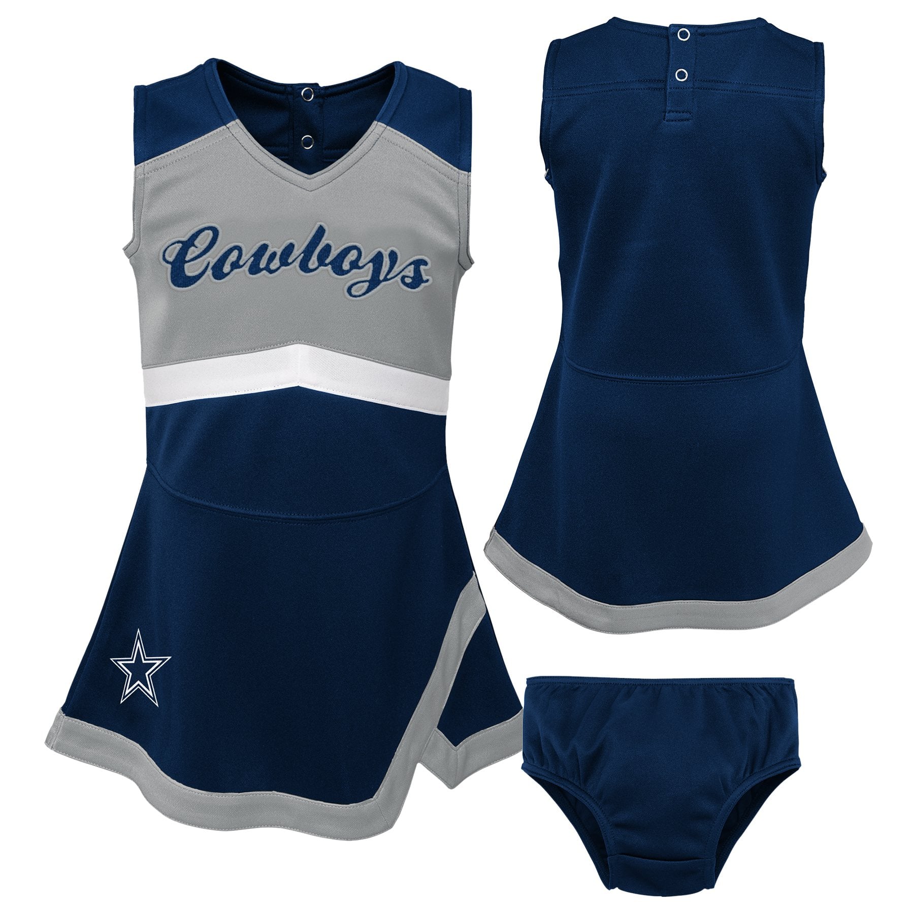 Ensemble deux pièces bleu marine Dallas Cowboys pour filles d'âge préscolaire : robe-salopette et bloomer assortis, style capitaine de cheerleading.