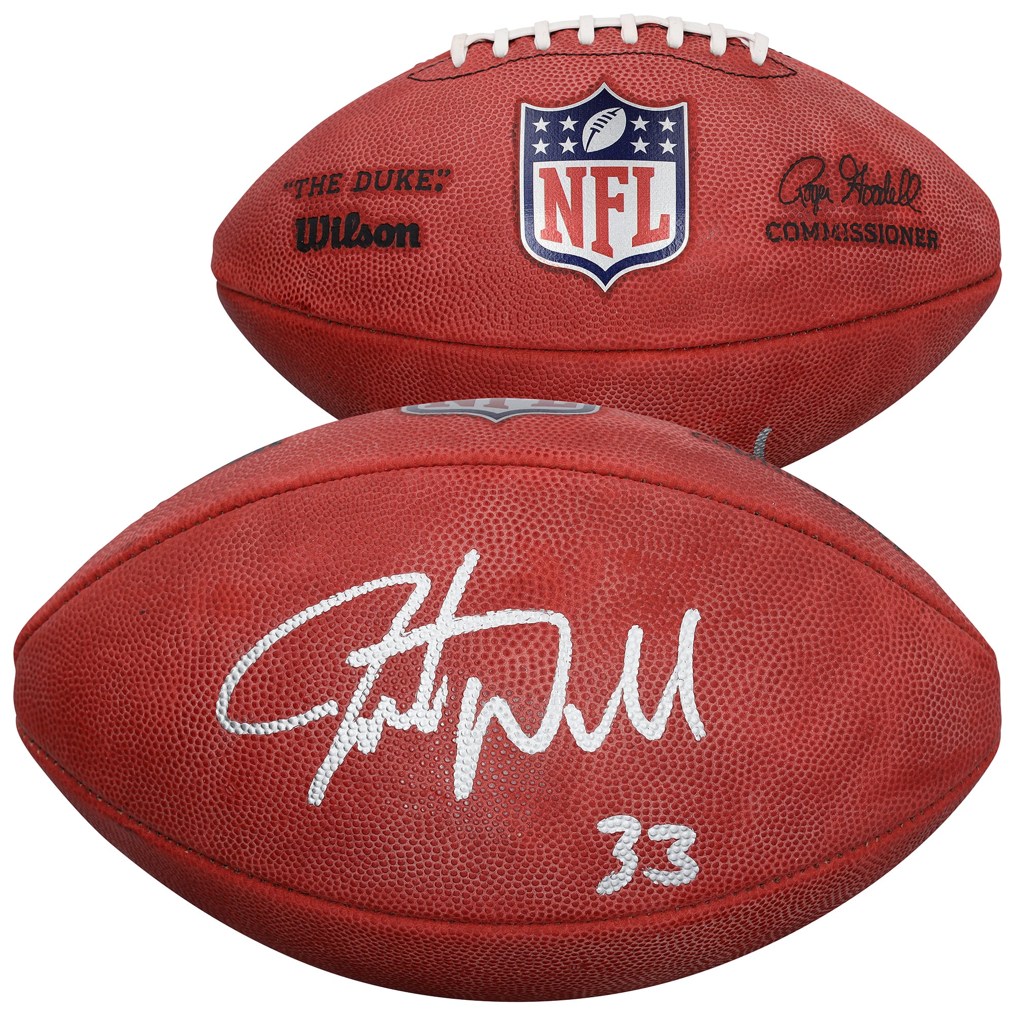 Ballon de football américain Duke en couleur autographié par Javonte Williams (Dallas Cowboys)