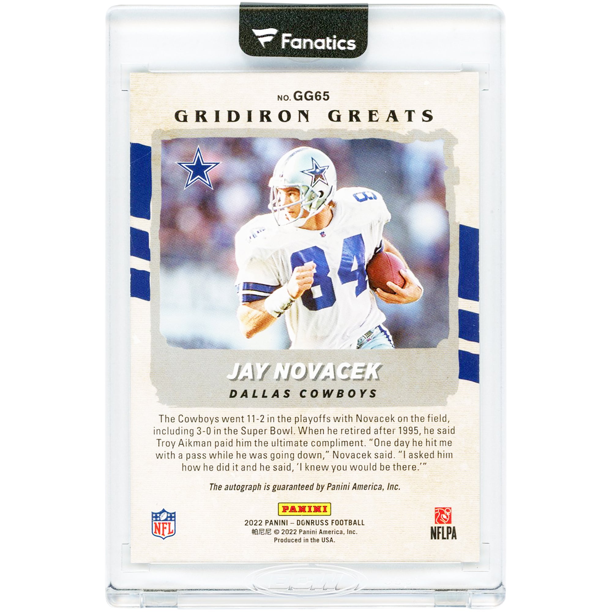 Carte autographiée Jay Novacek des Dallas Cowboys, collection Panini Donruss Gridiron Greats 2022, n° GG65