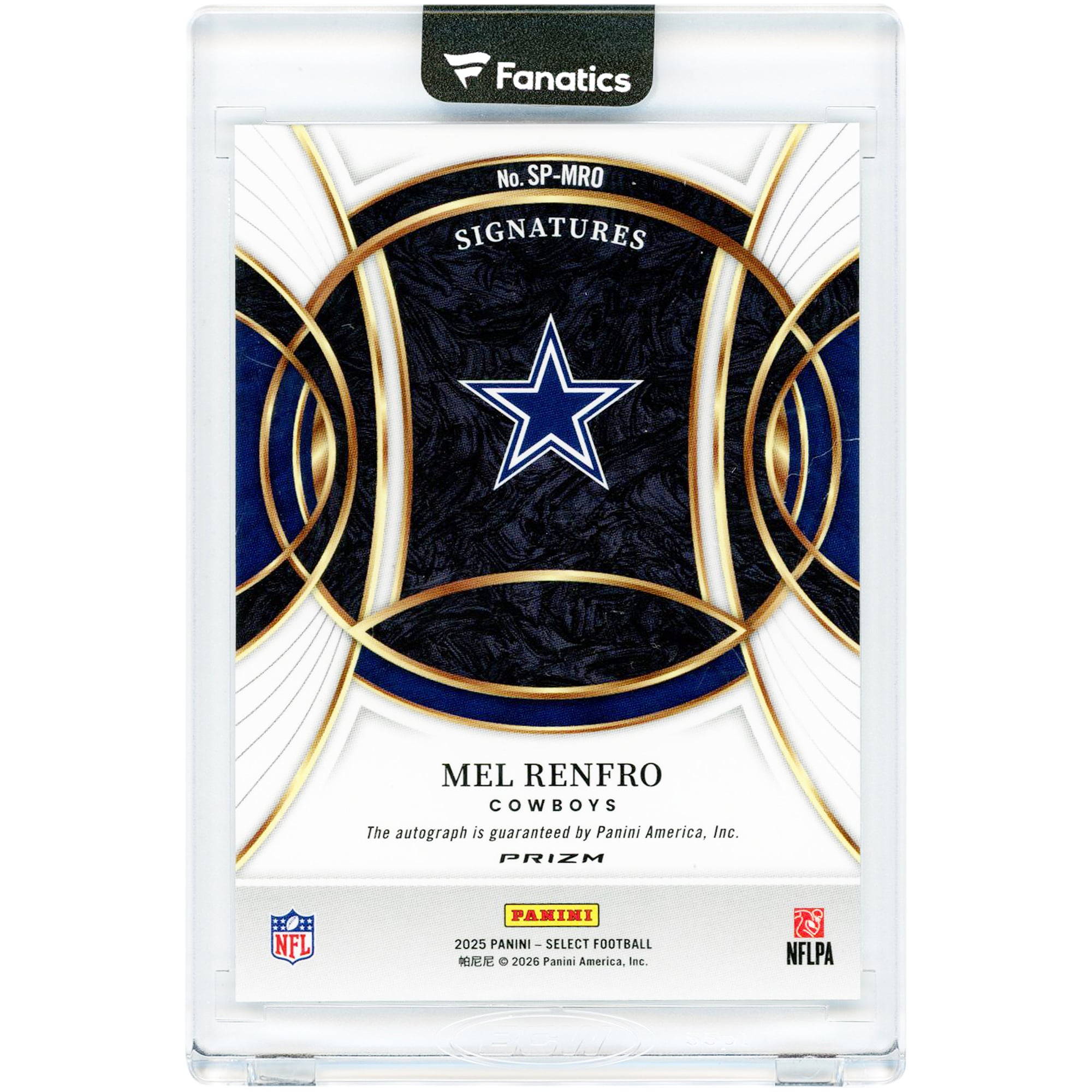 Carte Panini Select Signatures 2025 autographiée par Mel Renfro (Dallas Cowboys) #SP-MRO