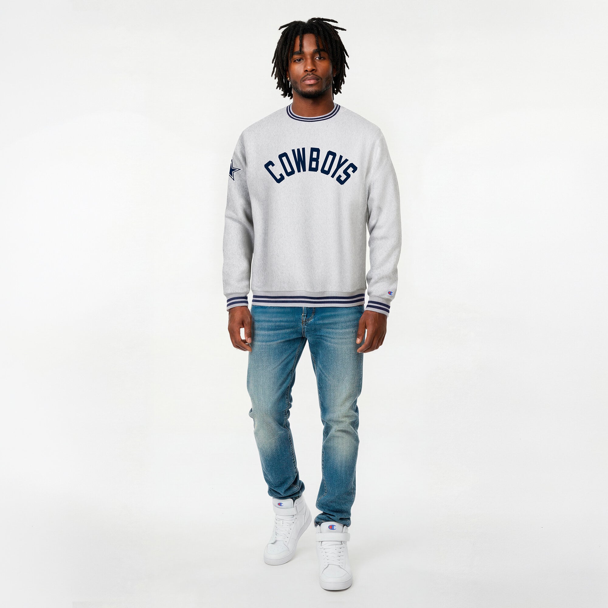 Men's Champion Heather Gray/Navy Dallas Cowboys Reverse Weave Yarn Dye Sweatshirt