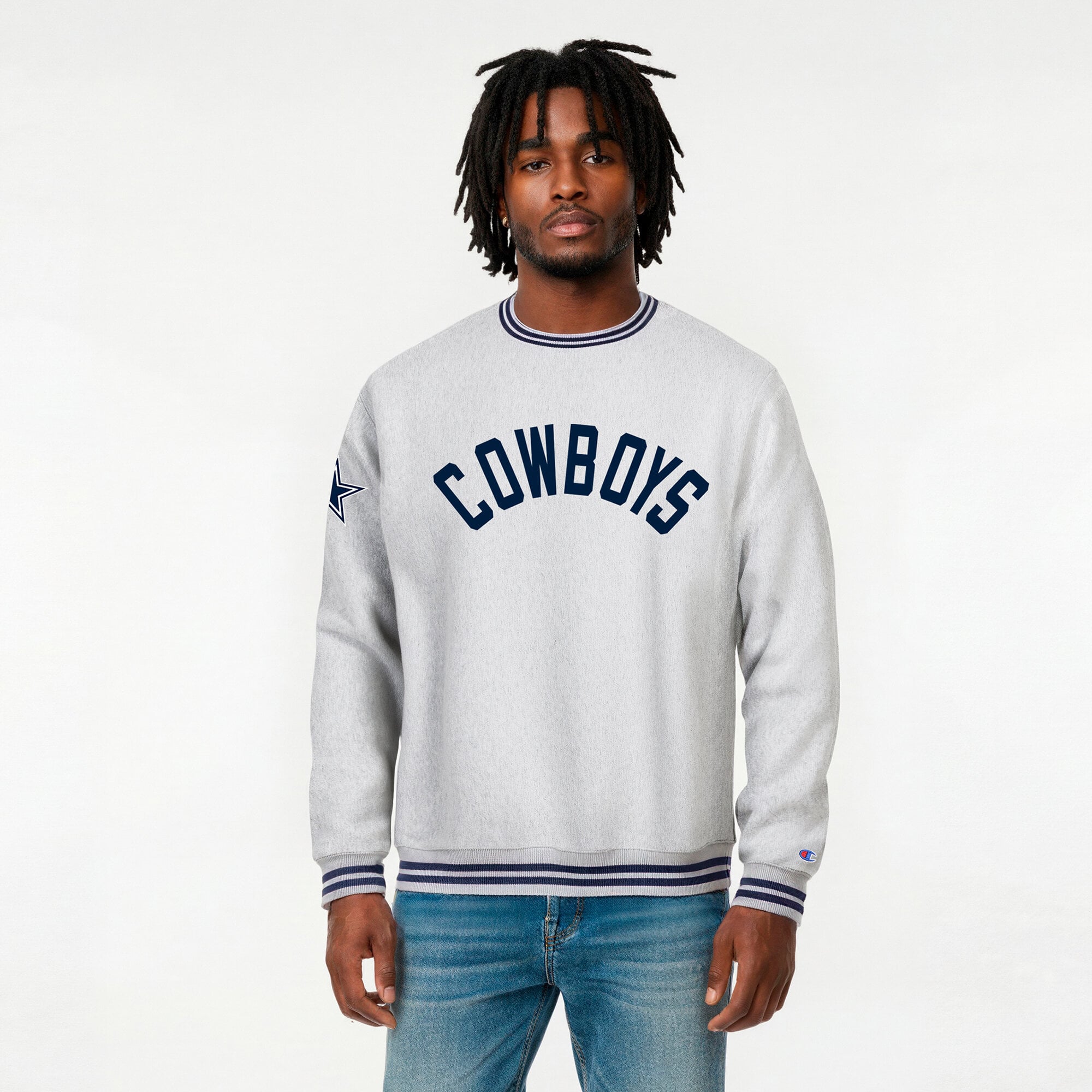 Men's Champion Heather Gray/Navy Dallas Cowboys Reverse Weave Yarn Dye Sweatshirt