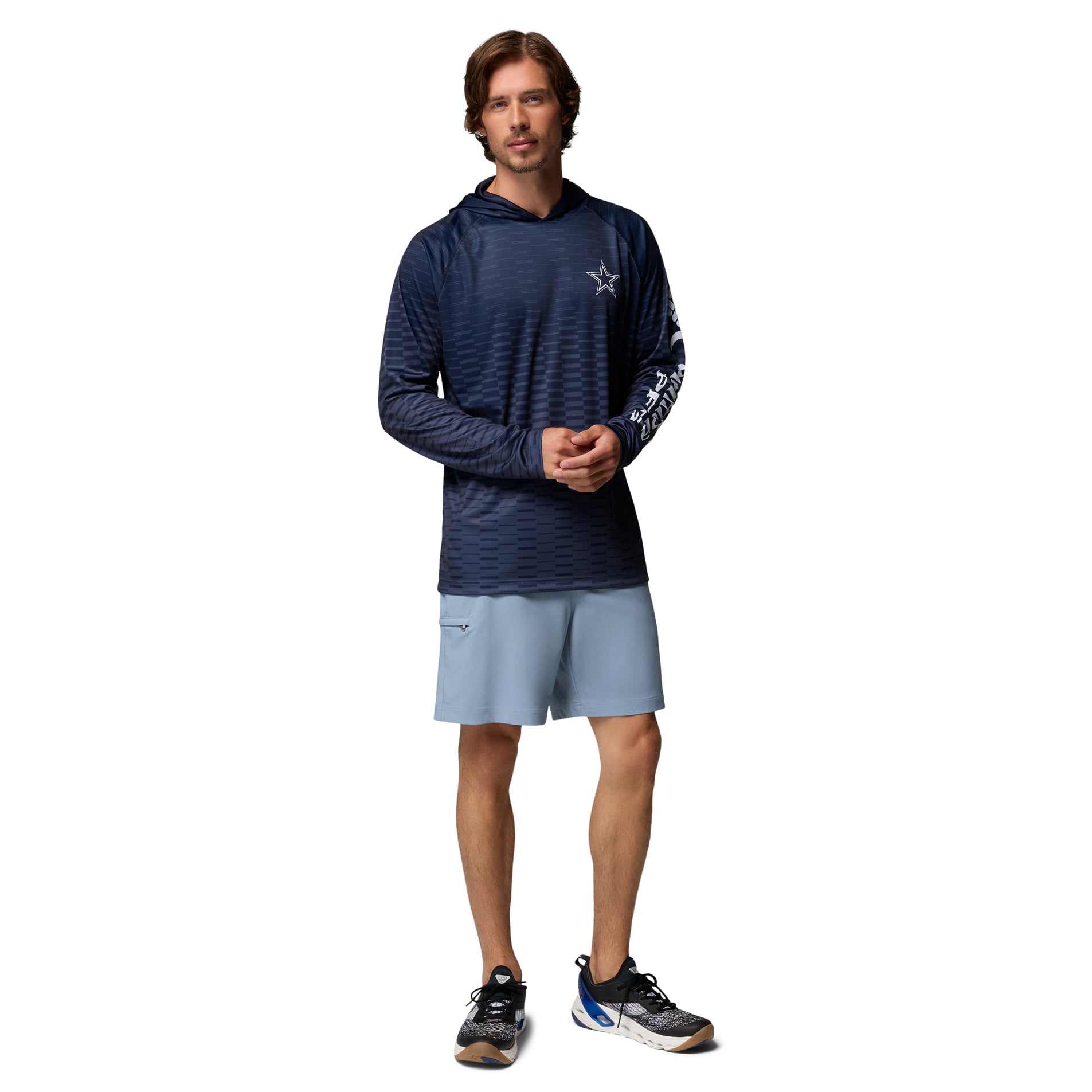 T-shirt à capuche raglan manches longues Columbia PFG Navy Dallas Cowboys Terminal Tackle Gradient Omni-Wick pour homme
