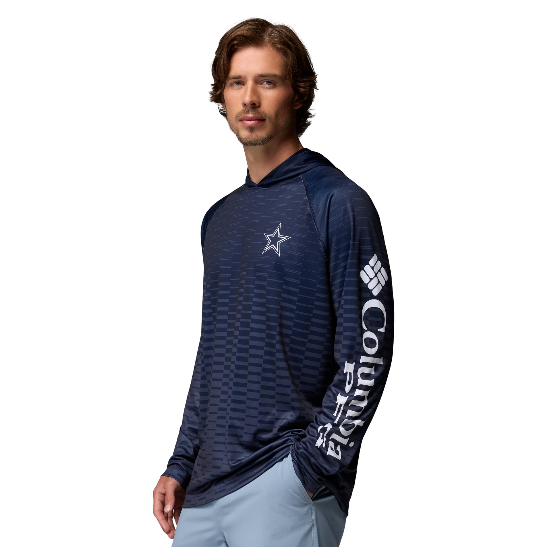 T-shirt à capuche raglan manches longues Columbia PFG Navy Dallas Cowboys Terminal Tackle Gradient Omni-Wick pour homme