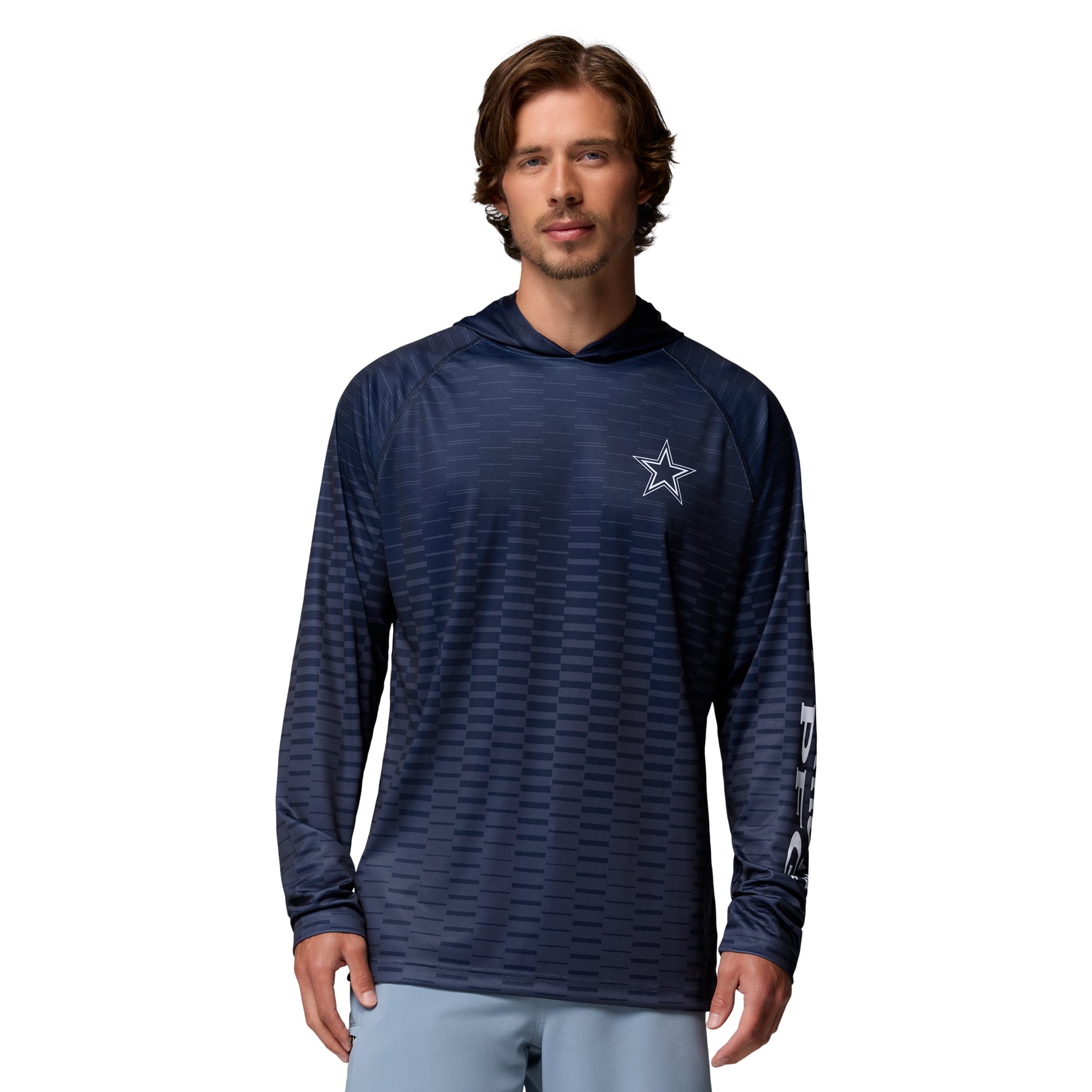 T-shirt à capuche raglan manches longues Columbia PFG Navy Dallas Cowboys Terminal Tackle Gradient Omni-Wick pour homme