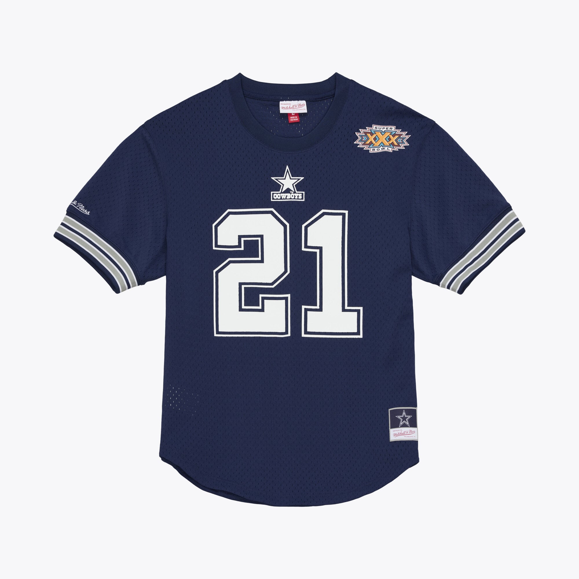 T-shirt en maille Mitchell & Ness pour homme, bleu marine, modèle Deion Sanders des Dallas Cowboys (nom et numéro du joueur retraité).