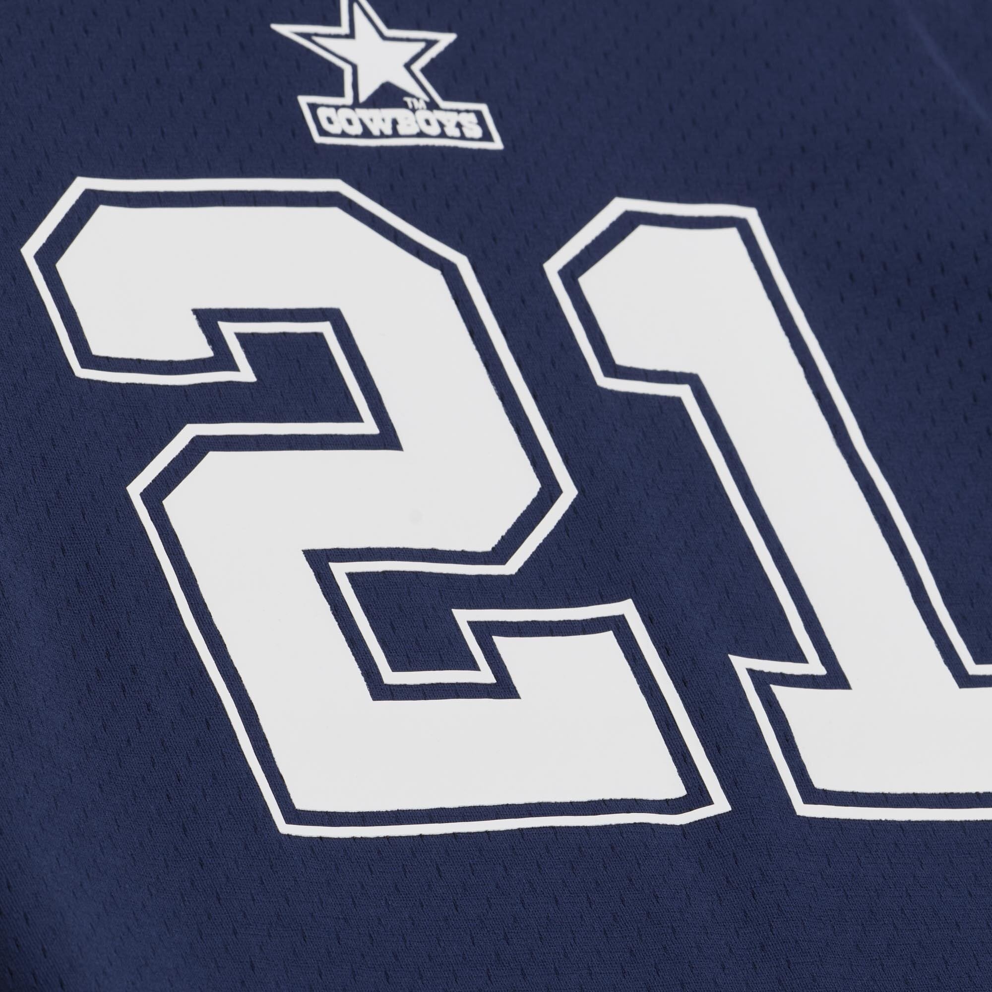 T-shirt en maille Mitchell & Ness pour homme, bleu marine, modèle Deion Sanders des Dallas Cowboys (nom et numéro du joueur retraité).