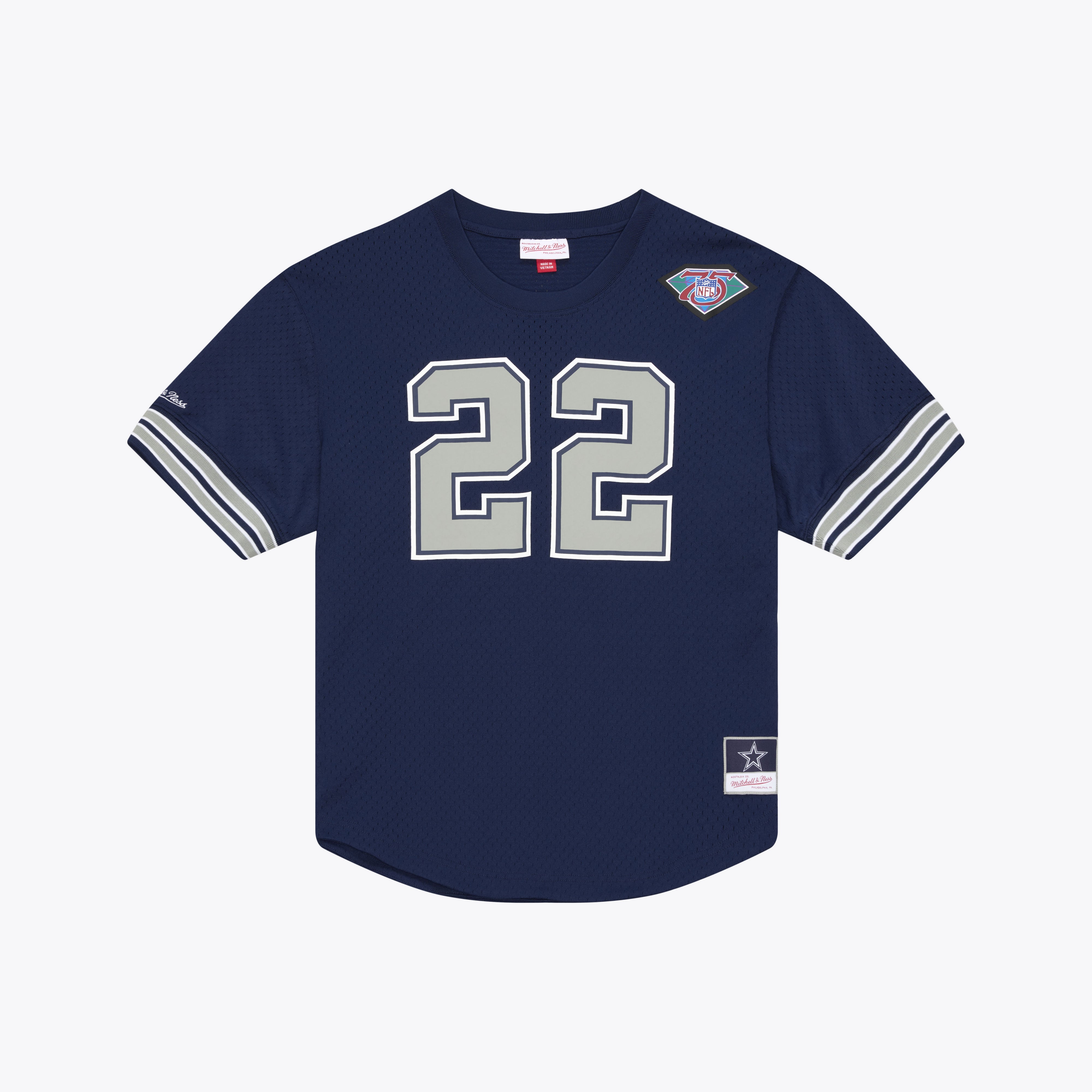 T-shirt en maille Mitchell & Ness pour homme, bleu marine, avec le nom et numéro du joueur retraité des Dallas Cowboys, Emmitt Smith.
