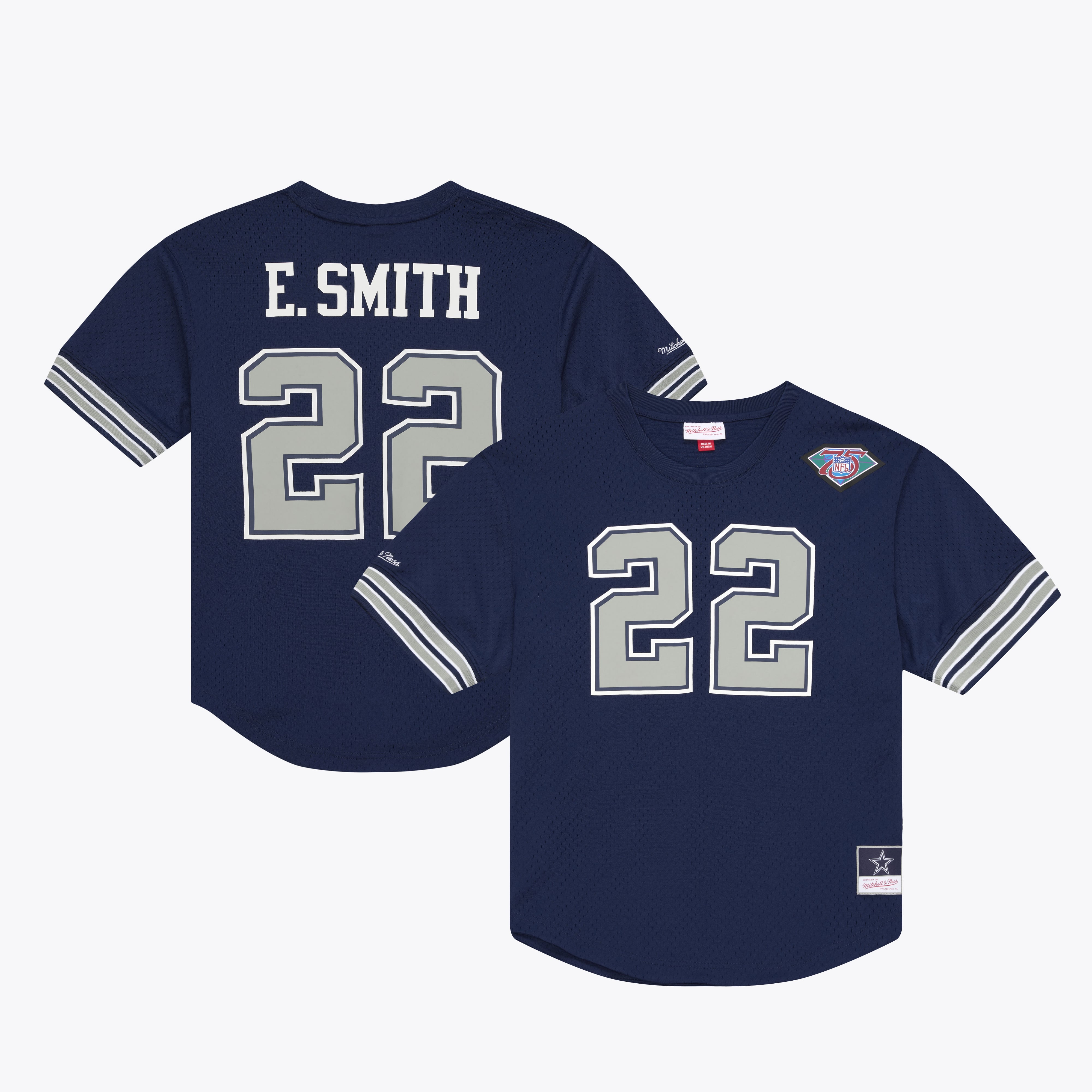 T-shirt en maille Mitchell & Ness pour homme, bleu marine, avec le nom et numéro du joueur retraité des Dallas Cowboys, Emmitt Smith.