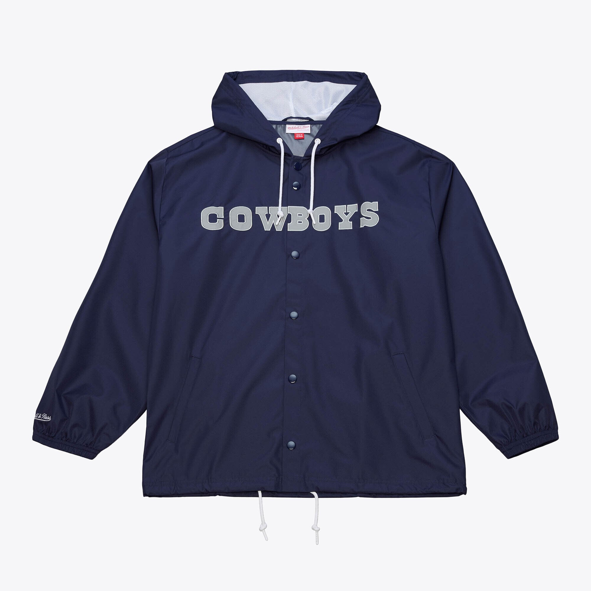 Coupe-vent à capuche Mitchell & Ness bleu marine pour homme, modèle Dallas Cowboys Coaches, fermeture boutons-pression.