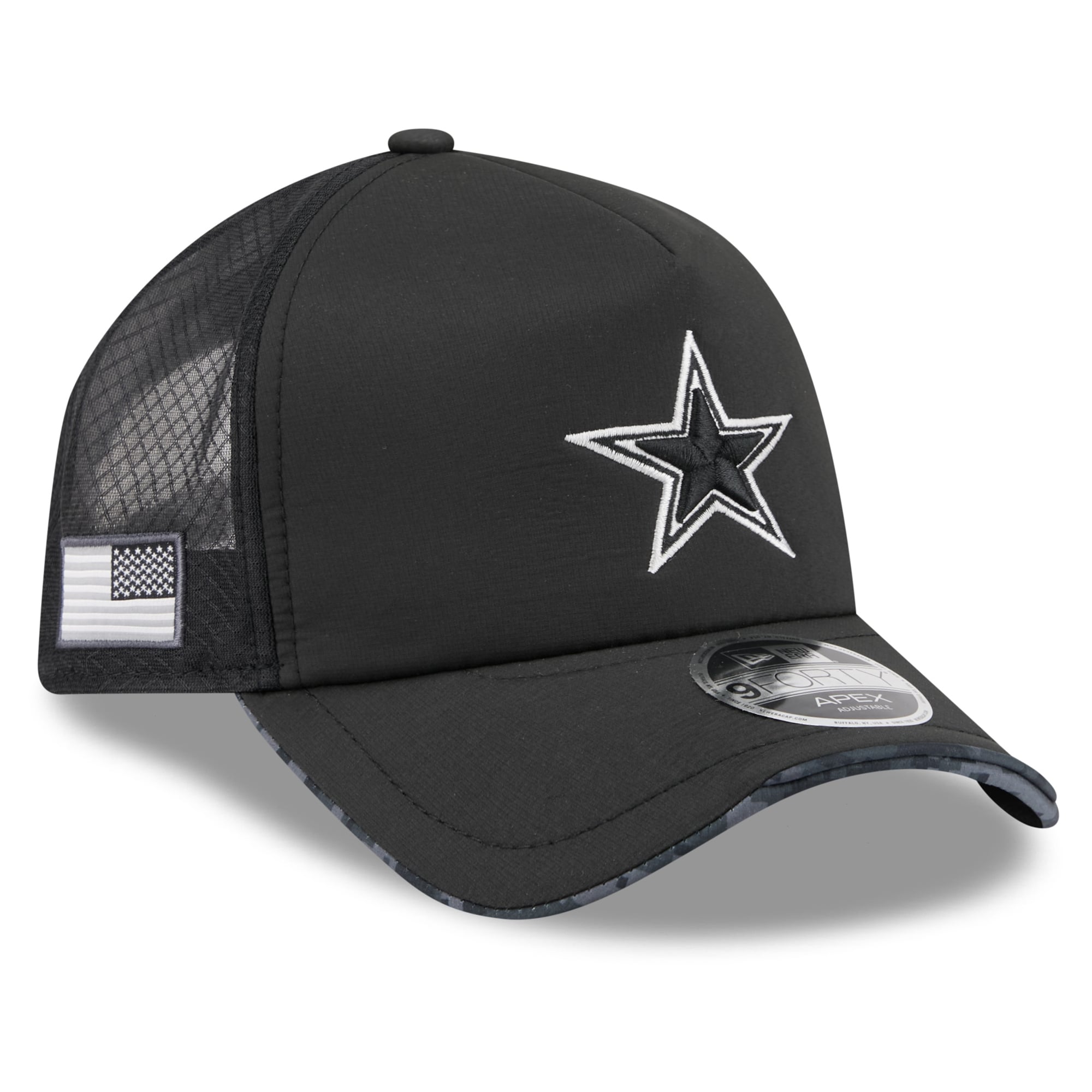 Casquette trucker ajustable New Era Apex 9FORTY Dallas Cowboys 2026 Salute To Service noire pour homme