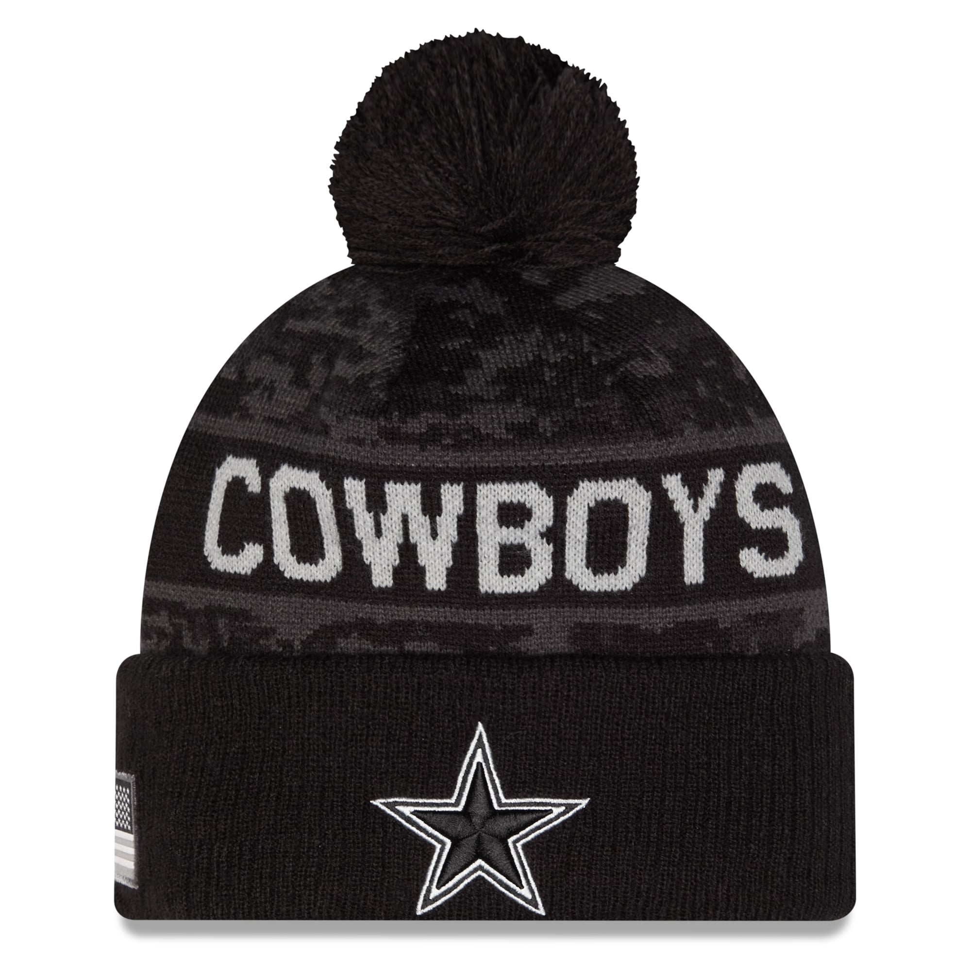 Bonnet à revers New Era noir Dallas Cowboys 2026 Salute To Service pour homme, avec pompon