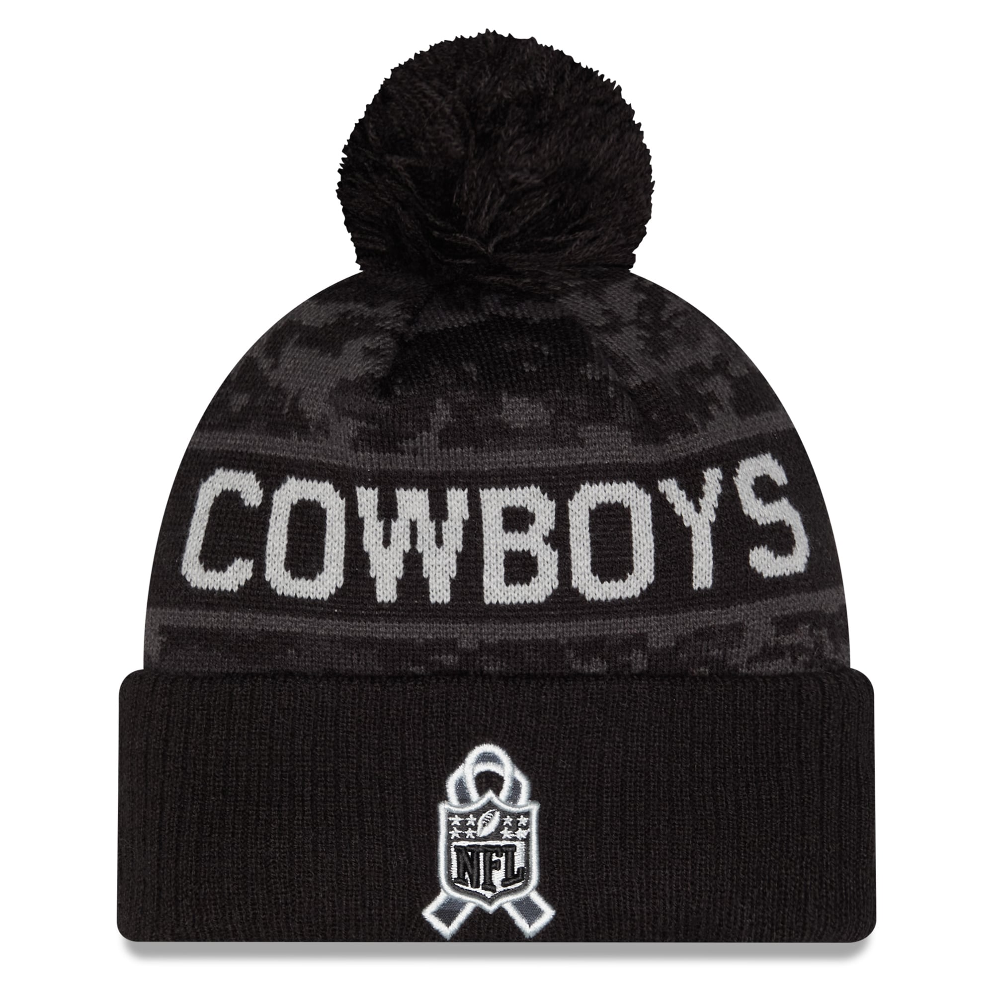 Bonnet à revers New Era noir Dallas Cowboys 2026 Salute To Service pour homme, avec pompon