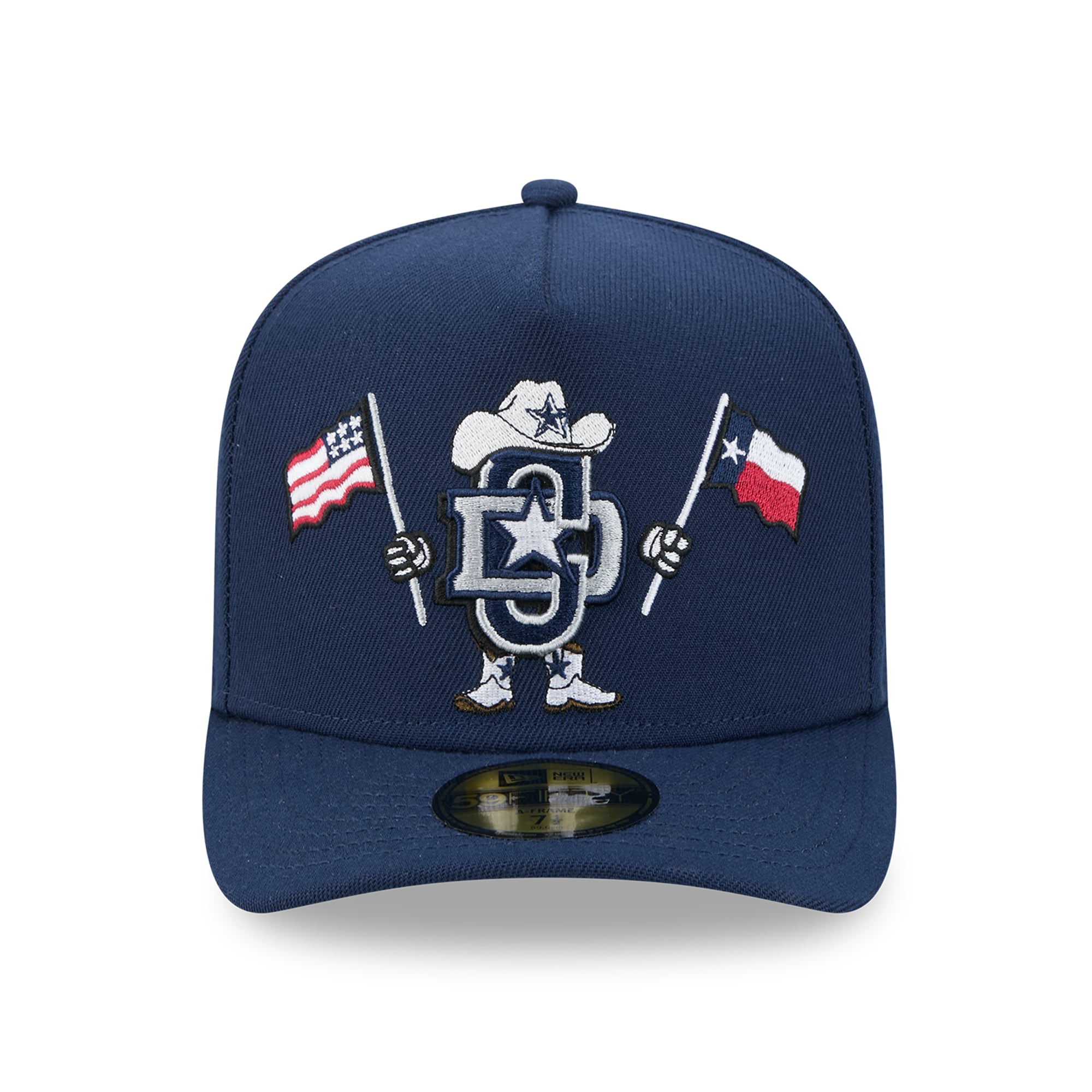 Casquette ajustée New Era 59FIFTY pour homme, bleu marine, motif Dallas Cowboys, style dessin animé.