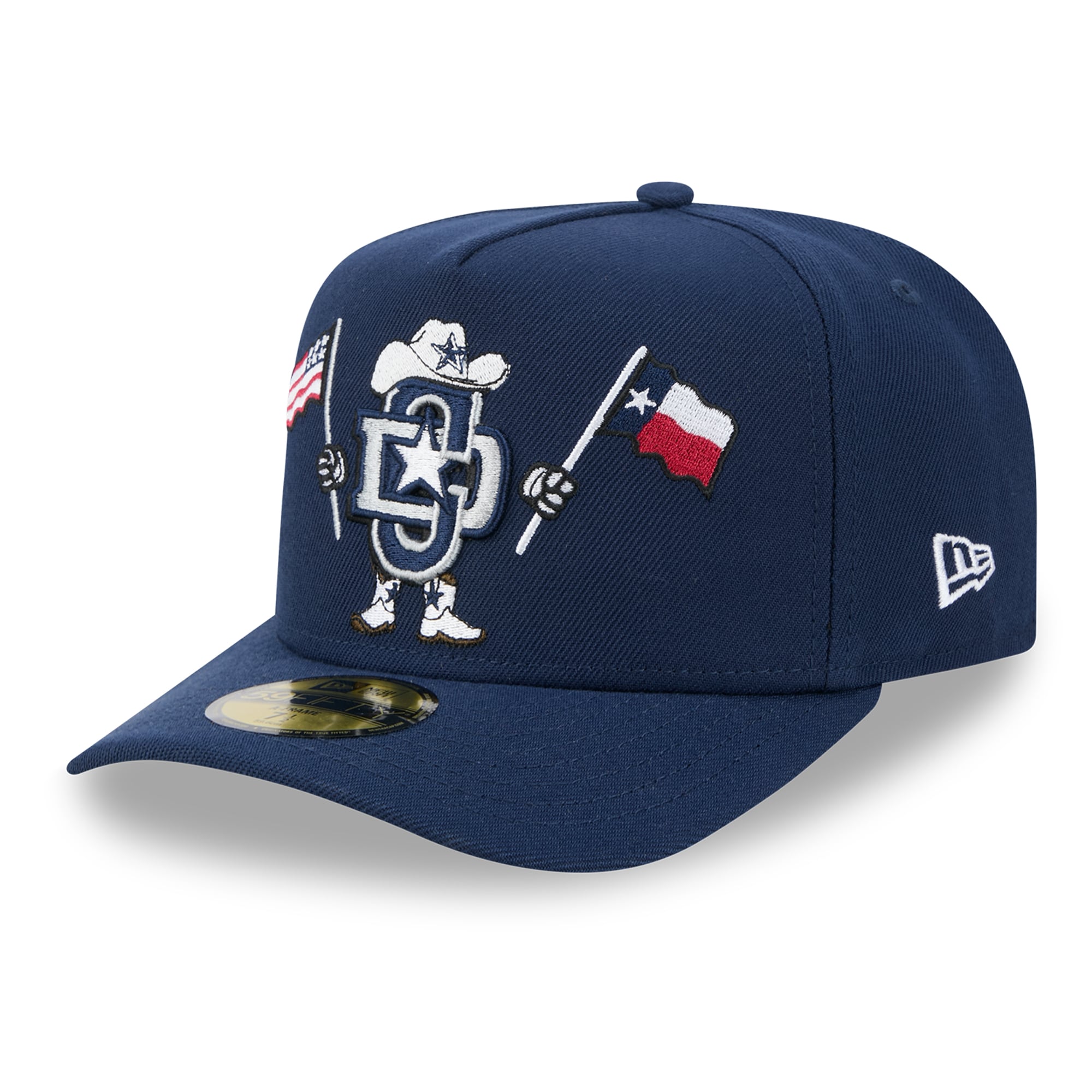Casquette ajustée New Era 59FIFTY pour homme, bleu marine, motif Dallas Cowboys, style dessin animé.