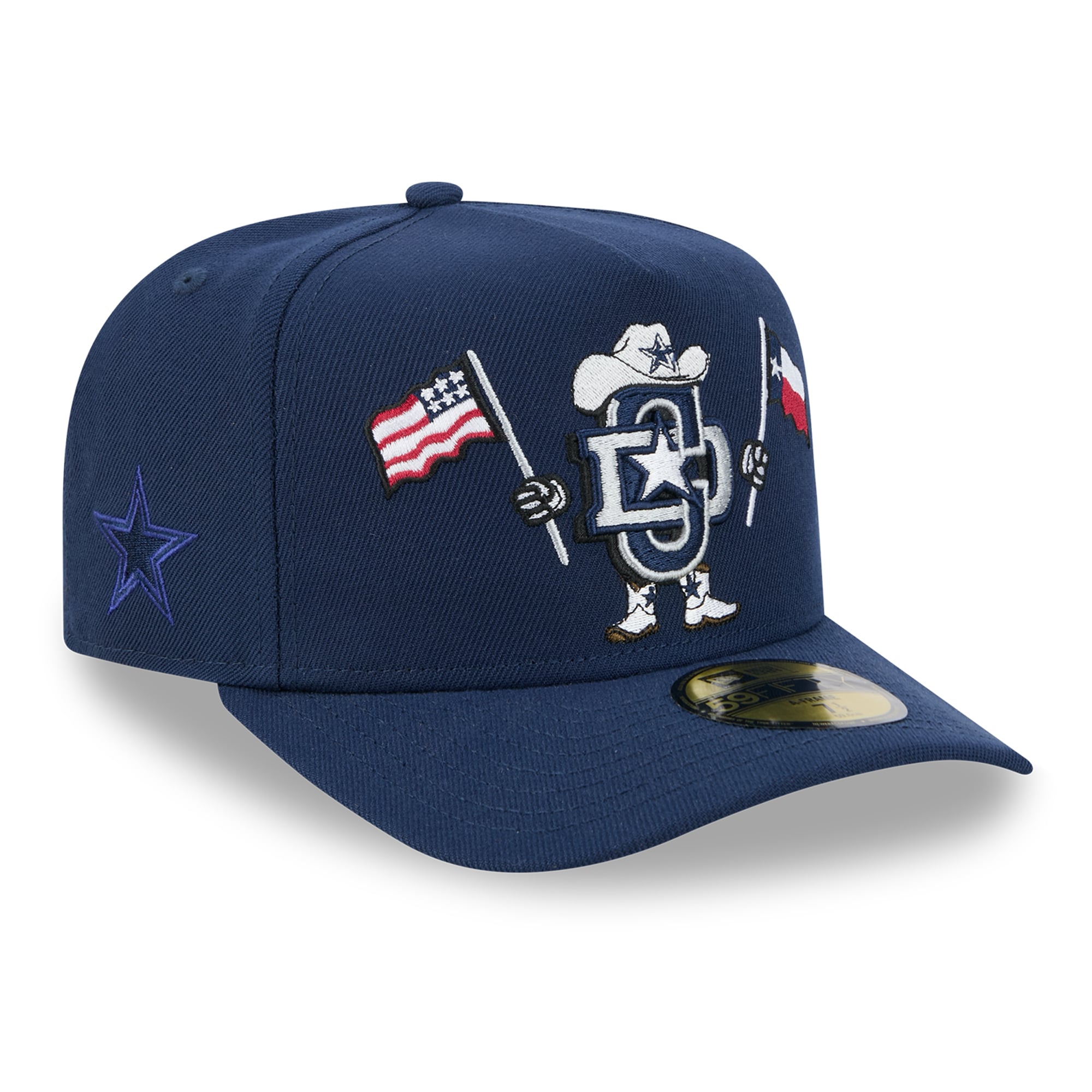 Casquette ajustée New Era 59FIFTY pour homme, bleu marine, motif Dallas Cowboys, style dessin animé.