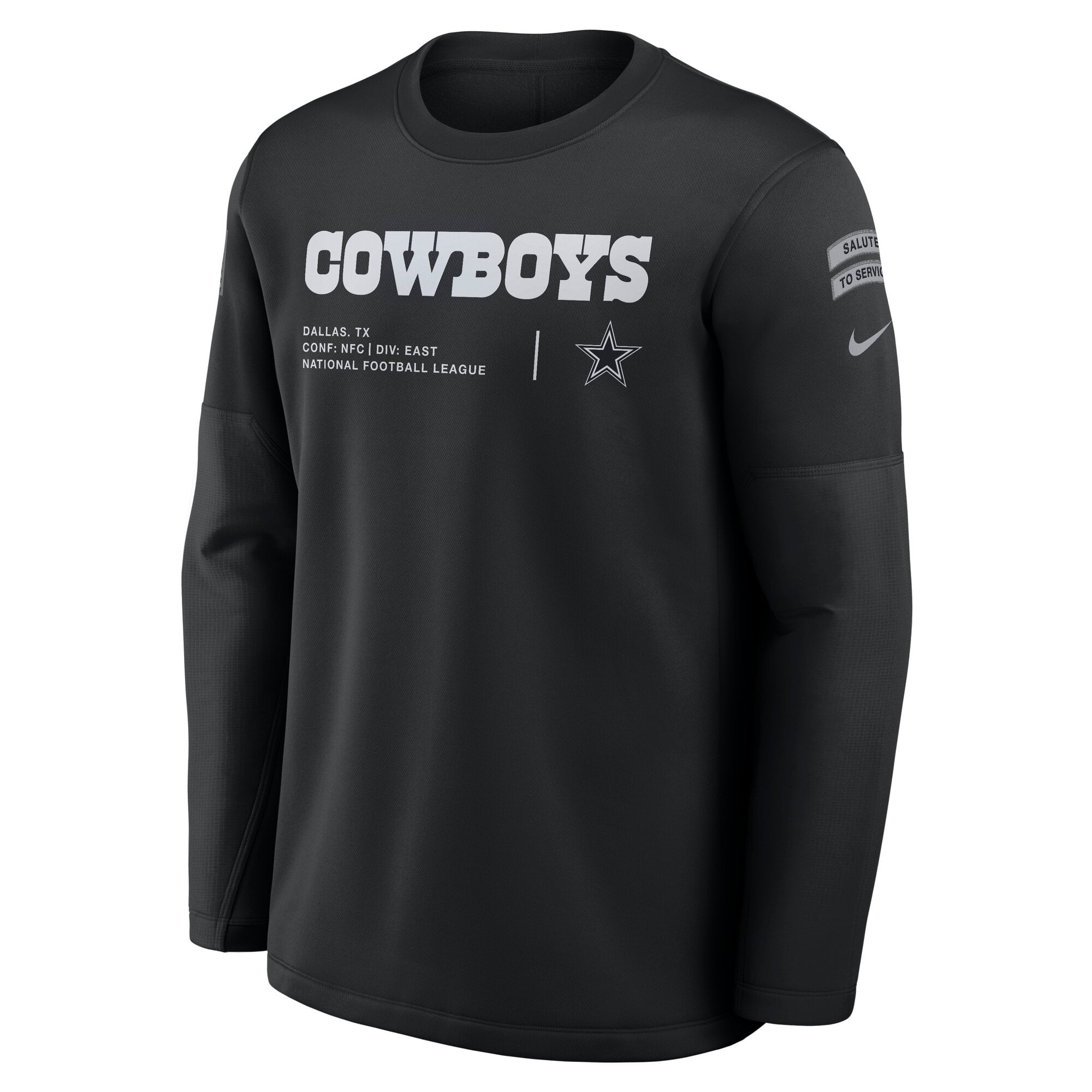 Sweat-shirt Nike Dallas Cowboys 2026 Salute to Service Sideline Coaches noir pour homme, col rond, technologie Therma-FIT