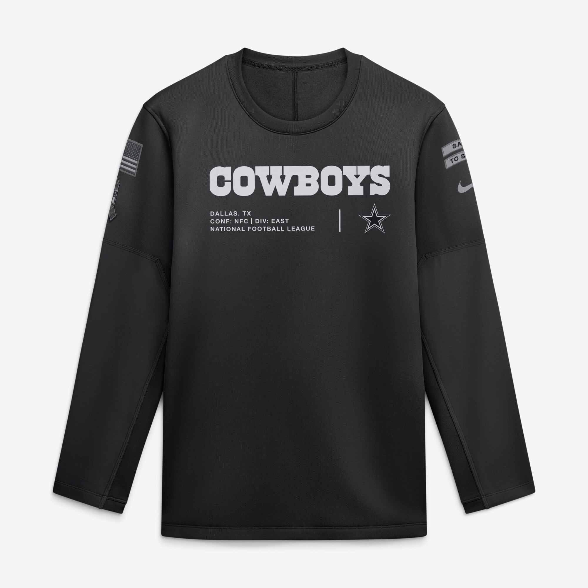 Sweat-shirt Nike Dallas Cowboys 2026 Salute to Service Sideline Coaches noir pour homme, col rond, technologie Therma-FIT