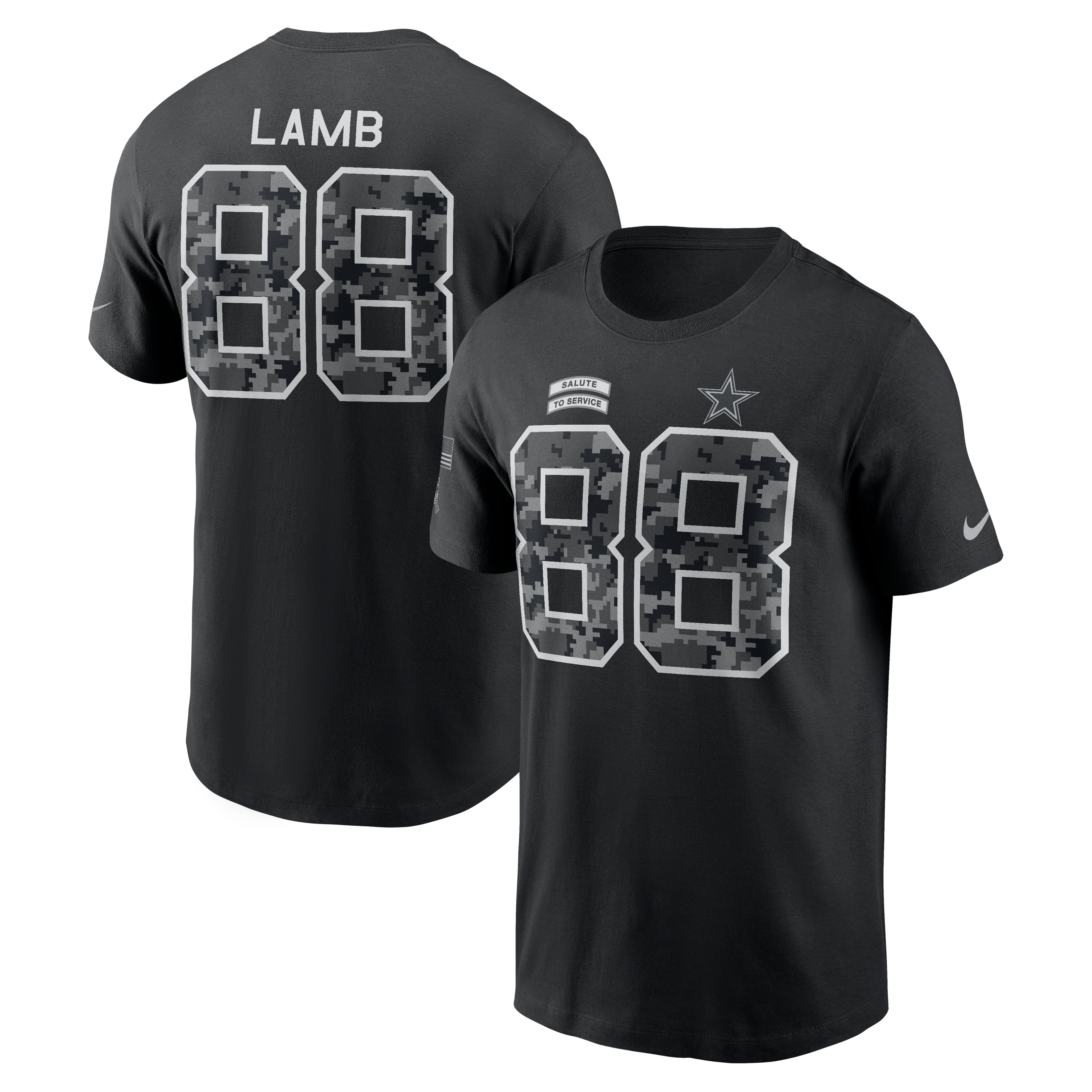 T-shirt Nike CeeDee Lamb noir Dallas Cowboys 2026 Salute to Service pour homme, avec nom et numéro
