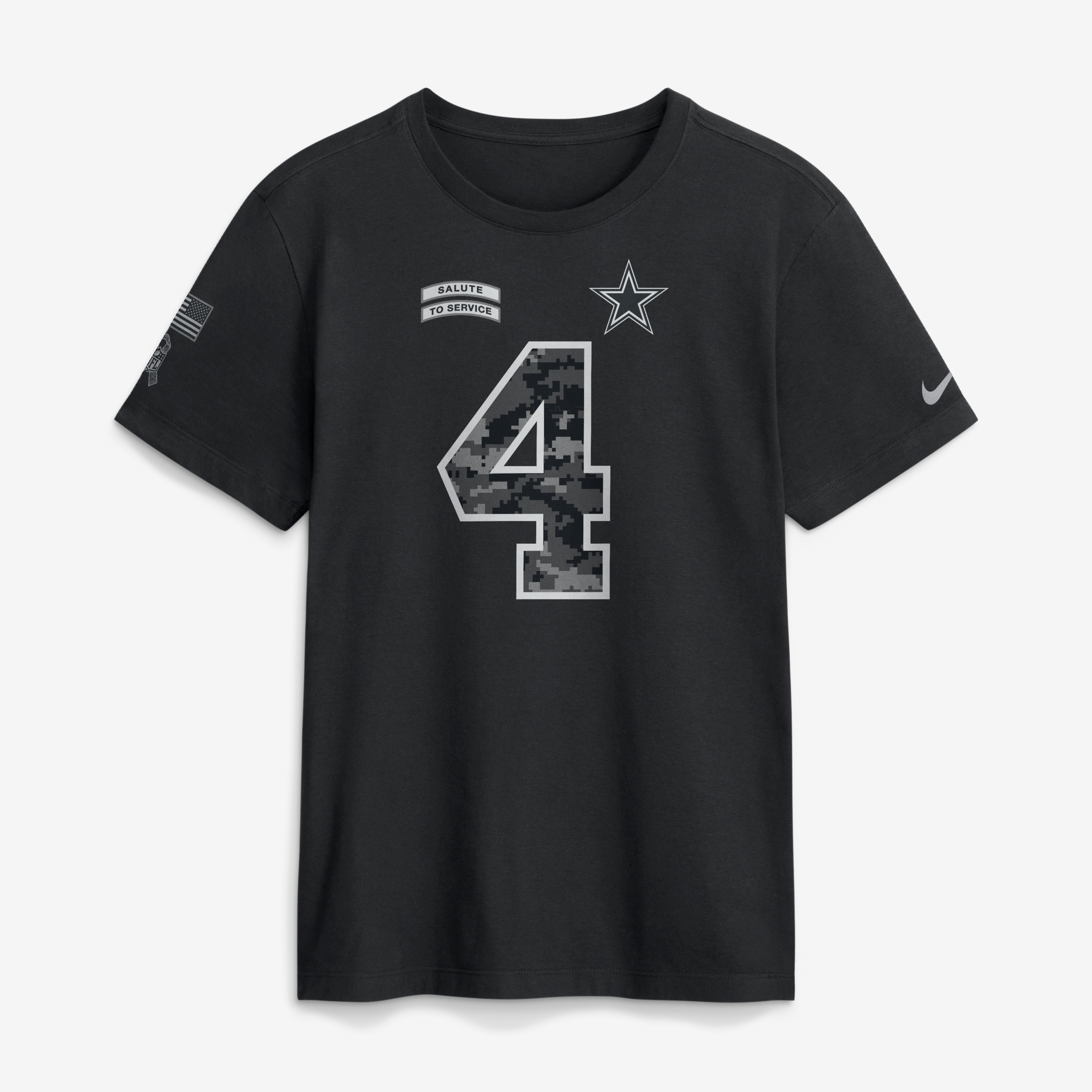 T-shirt Nike Dak Prescott noir Dallas Cowboys 2026 Salute to Service pour homme, avec nom et numéro