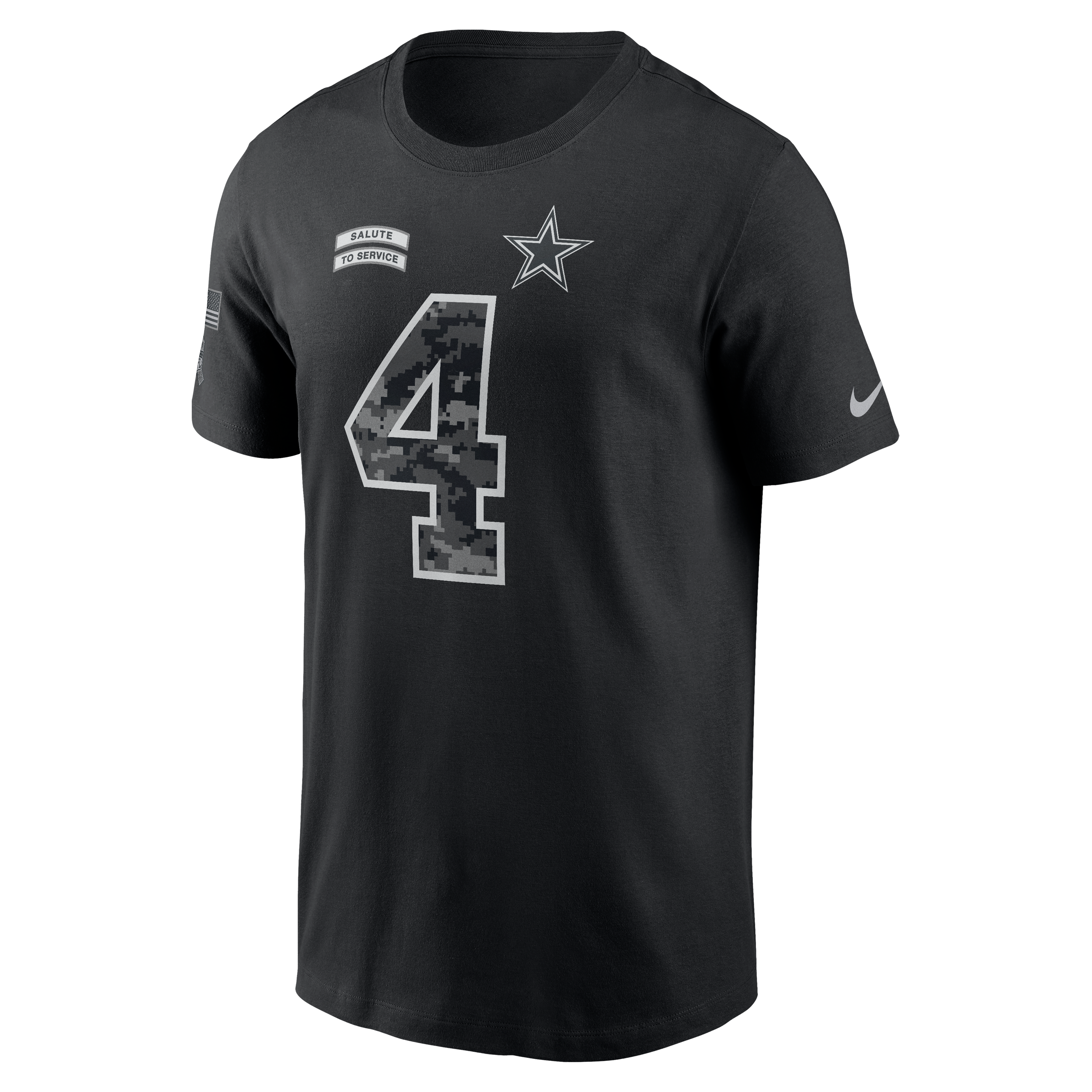 T-shirt Nike Dak Prescott noir Dallas Cowboys 2026 Salute to Service pour homme, avec nom et numéro