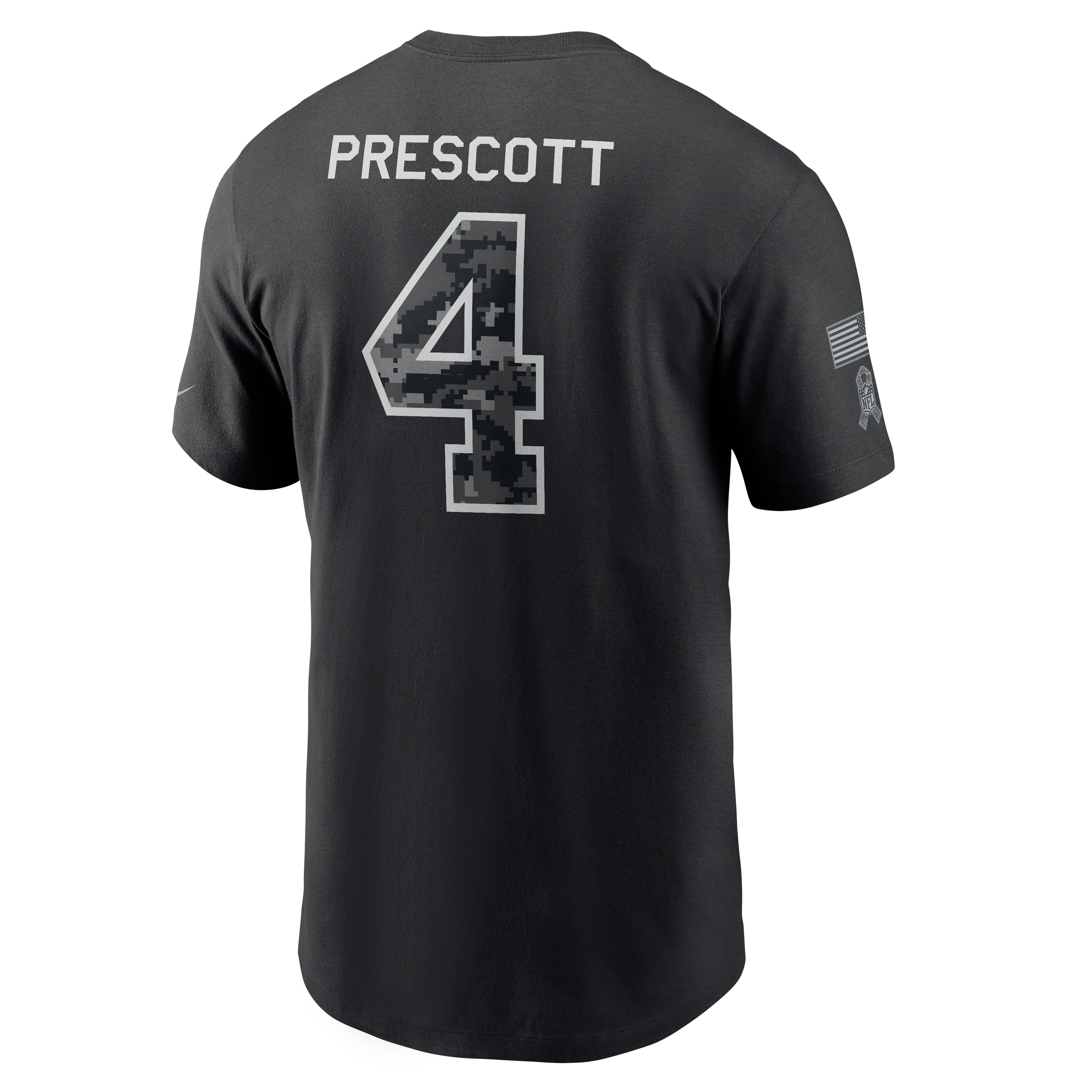 T-shirt Nike Dak Prescott noir Dallas Cowboys 2026 Salute to Service pour homme, avec nom et numéro
