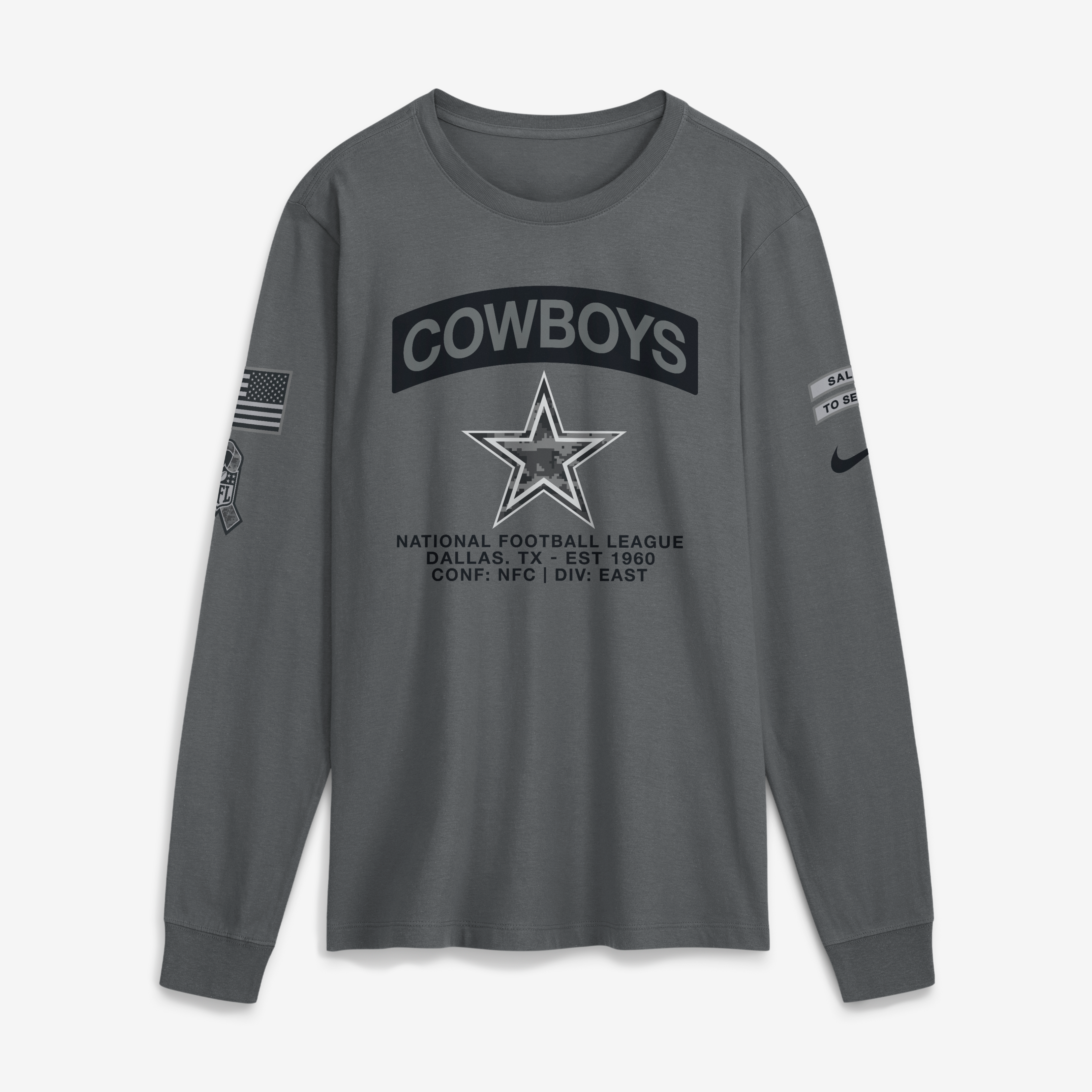 T-shirt à manches longues Nike gris Dallas Cowboys 2026 Salute to Service pour homme
