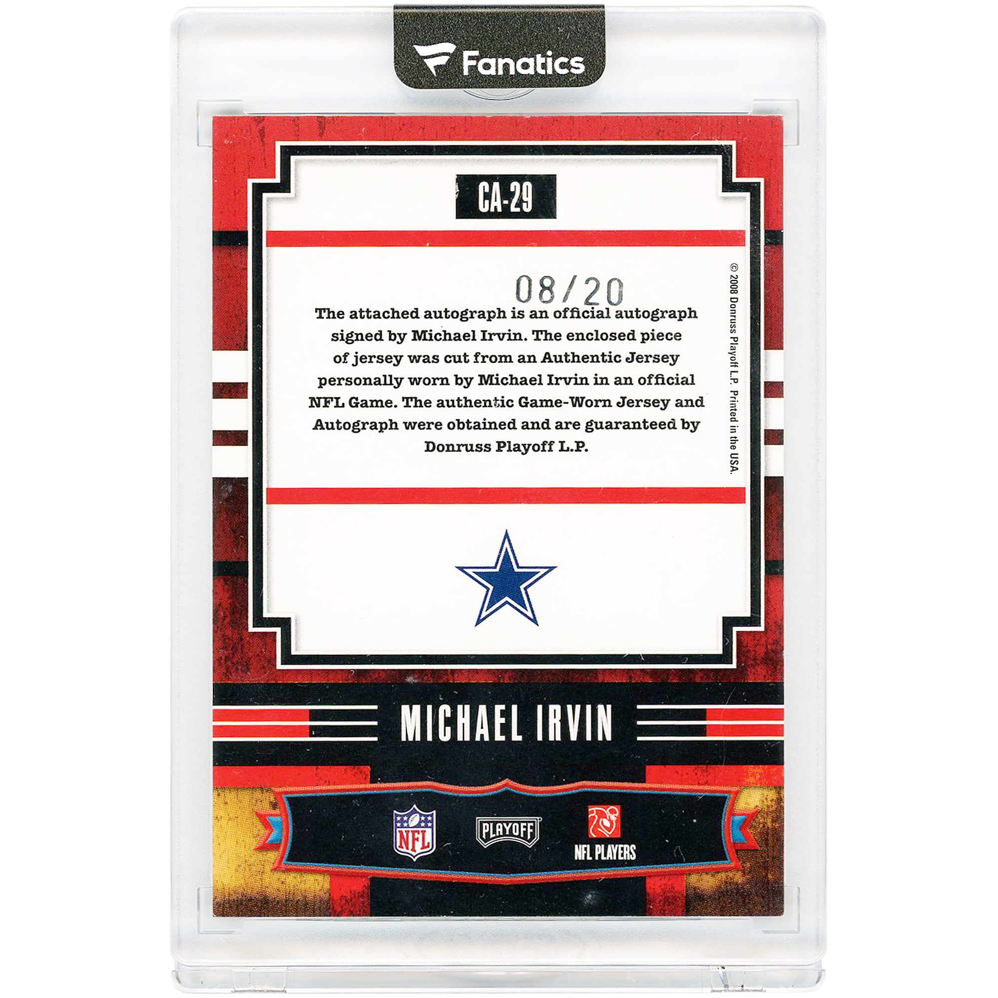 Carte autographiée de Michael Irvin (Dallas Cowboys) pour les séries éliminatoires de 2008, collection Absolute Memorabilia Canton Absolutes Materials Relic #CA-29 #8/20