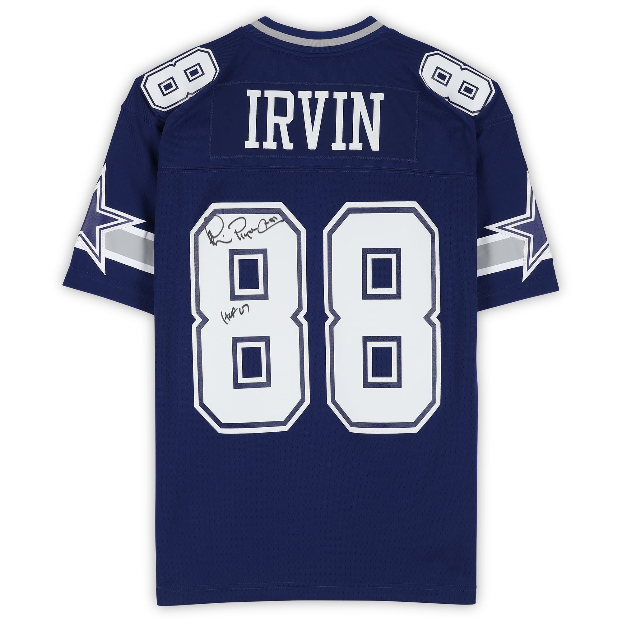 Maillot réplique bleu Mitchell & Ness 1996 autographié par Michael Irvin des Dallas Cowboys, avec inscription « HOF 07 ».