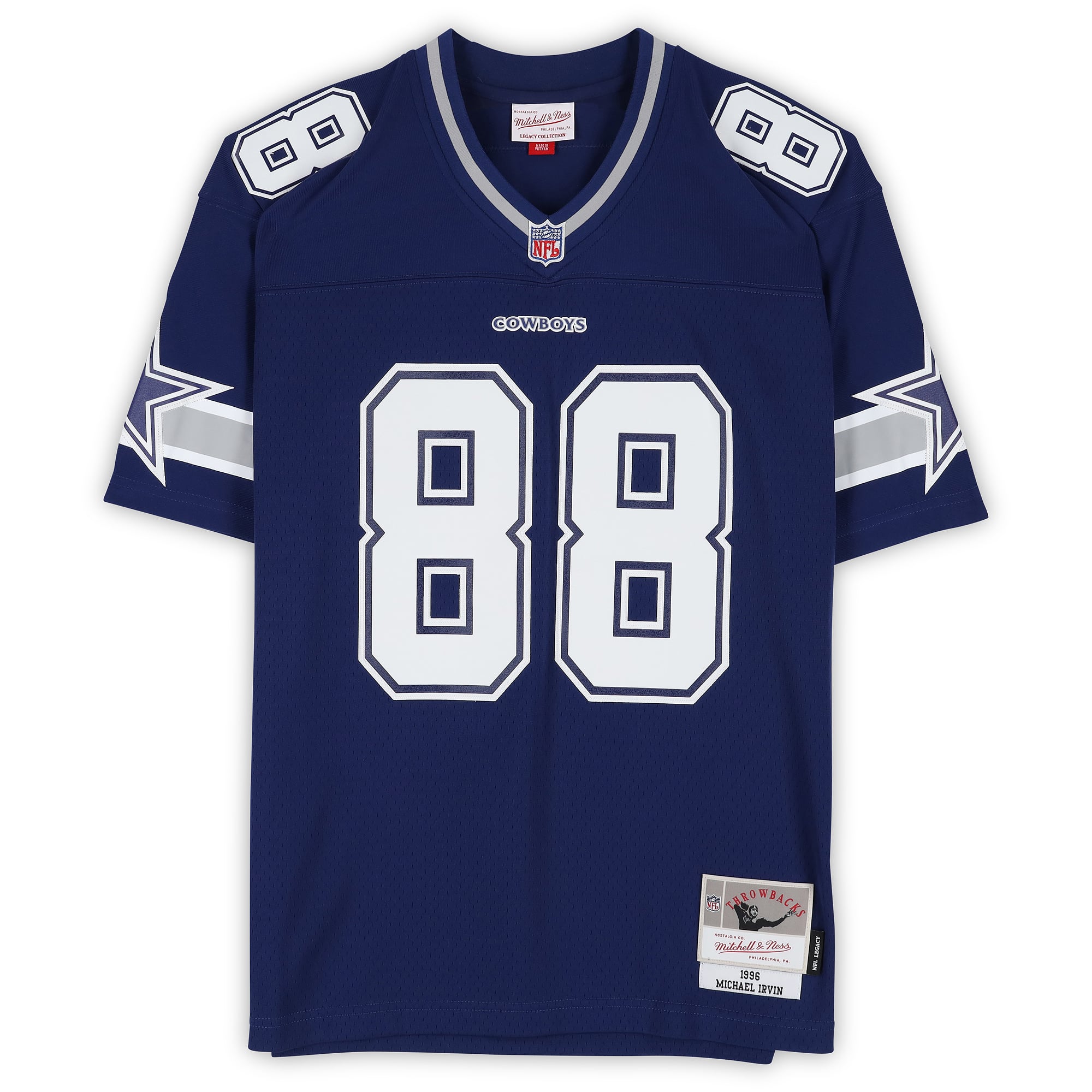 Maillot réplique bleu Mitchell & Ness 1996 autographié par Michael Irvin des Dallas Cowboys, avec inscription « HOF 07 ».