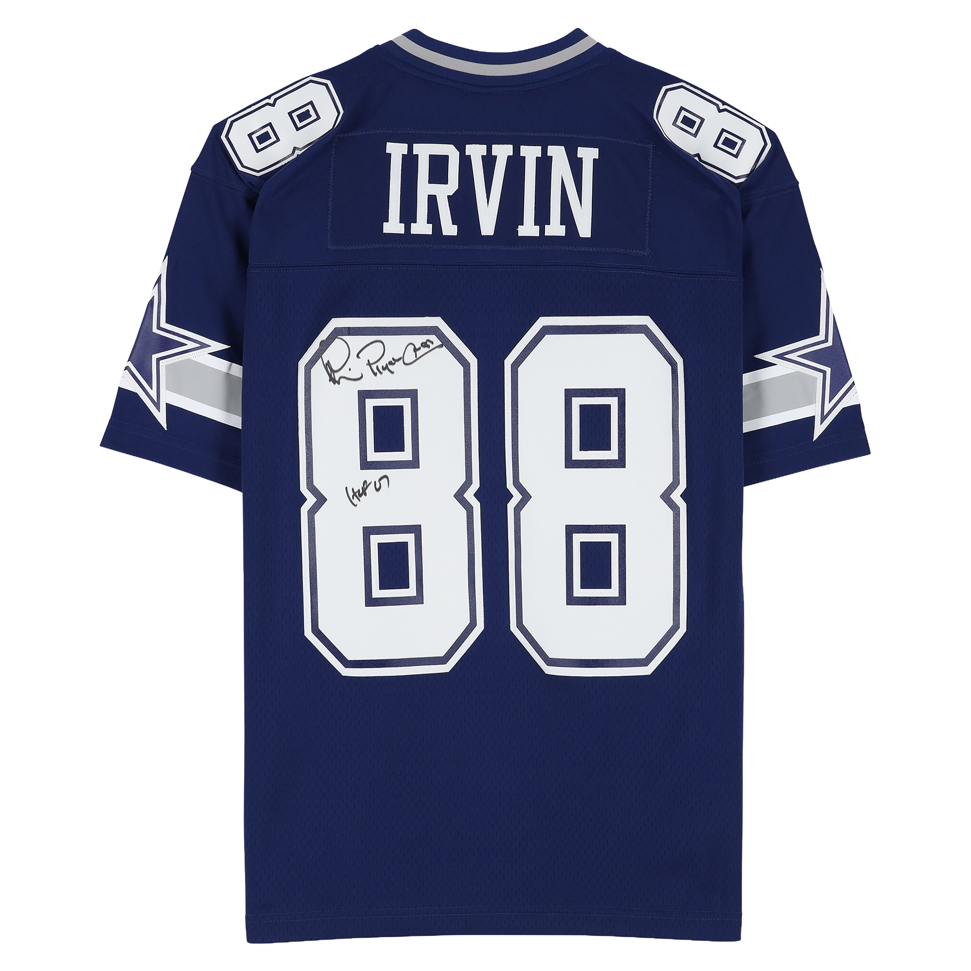 Maillot réplique bleu Mitchell & Ness 1996 autographié par Michael Irvin des Dallas Cowboys, avec inscription « HOF 07 ».