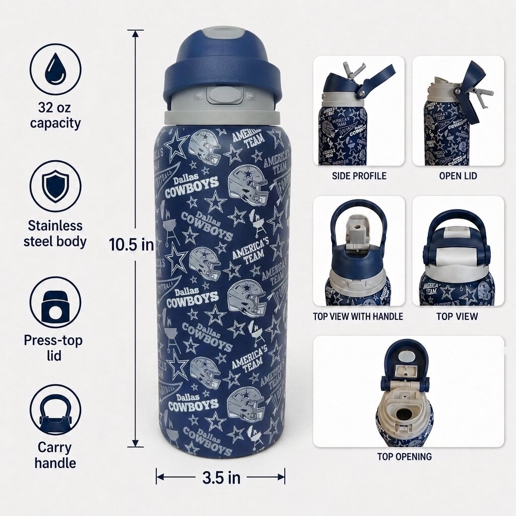 Gourde Pegasus Dallas Cowboys 32 oz en acier inoxydable ProPress avec fanion pour les jours de match